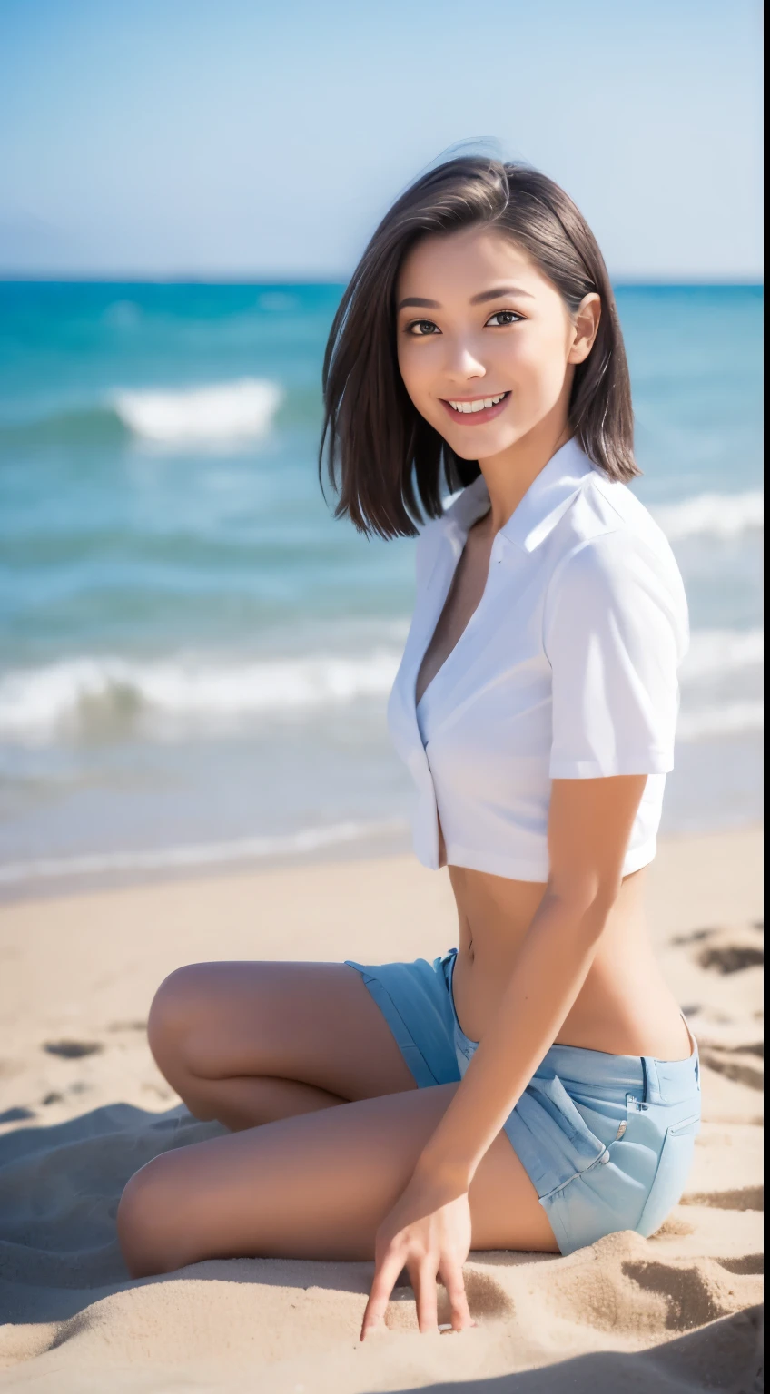 (best qualtiy,8K,tmasterpiece:1.3),(sharp fokus:1.2),(A girl sitting on the beach:1.2),(perfect body figure:1.4),(Slim abs:1.1),beachside,ssmile,rays of sunshine,Fine face,beautidful eyes,Straight legs,white shirt, shorter pants, White sneakers
