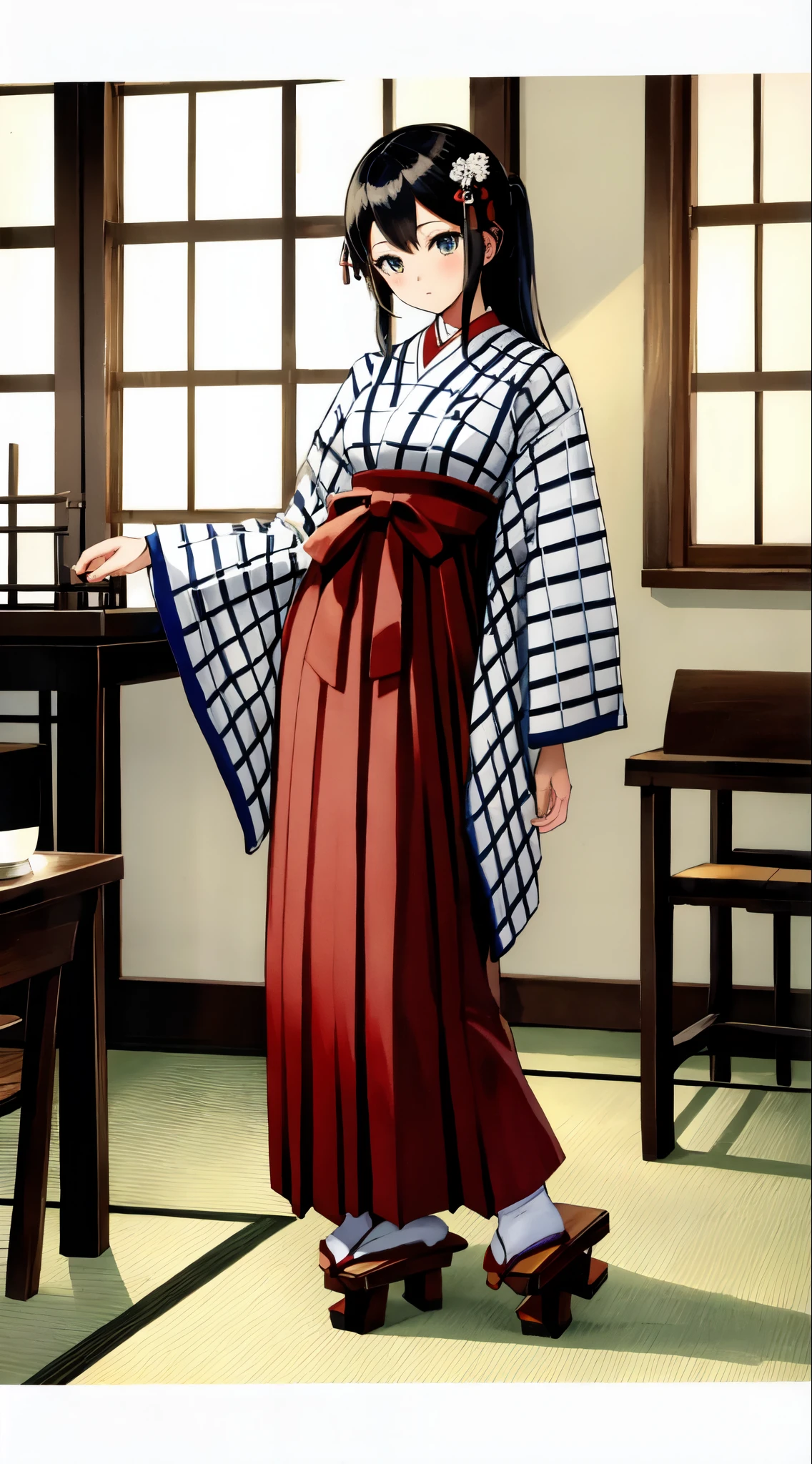 ((highest quality)), ((masterpiece)), (be familiar with), (whole body), Are standing, Front facing, めちゃくちゃbe familiar with, ultra high resolution, super detailed, highest quality, one girl, Japanese, Meiji period, Hakama, female student, black hair, tabi, geta, perfectly symmetrical face, highly detailed eyes, super beautiful, Perfect body balance