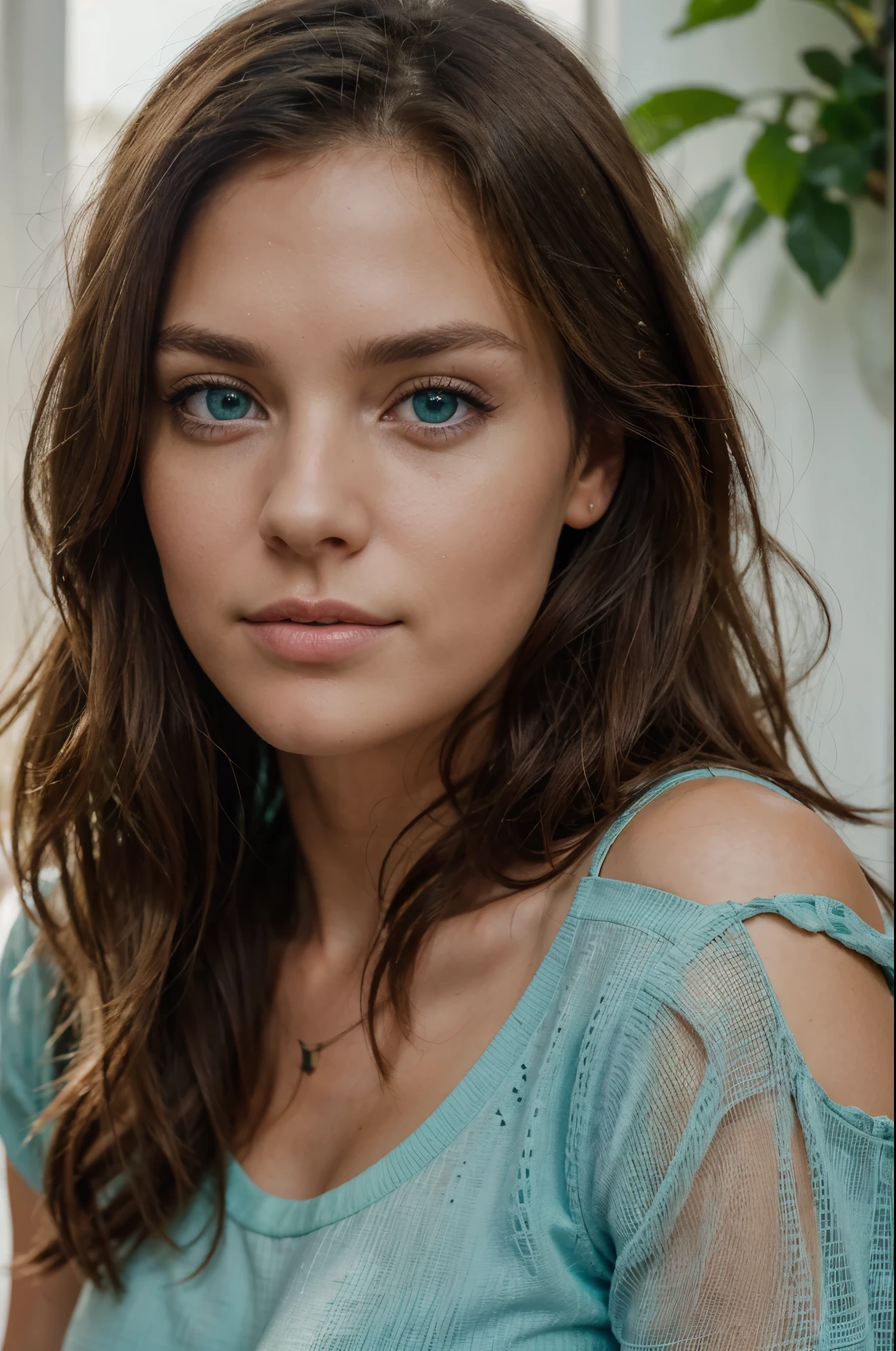 realistic portrait of a 30-year-old brunette, mixed German and danish descent, bright and natural blue green eyes, shot on a Sony A7R3 f1.8, high quality, realistic, detailed eyes, professional lighting, natural colors, detailed hair, stunning beauty