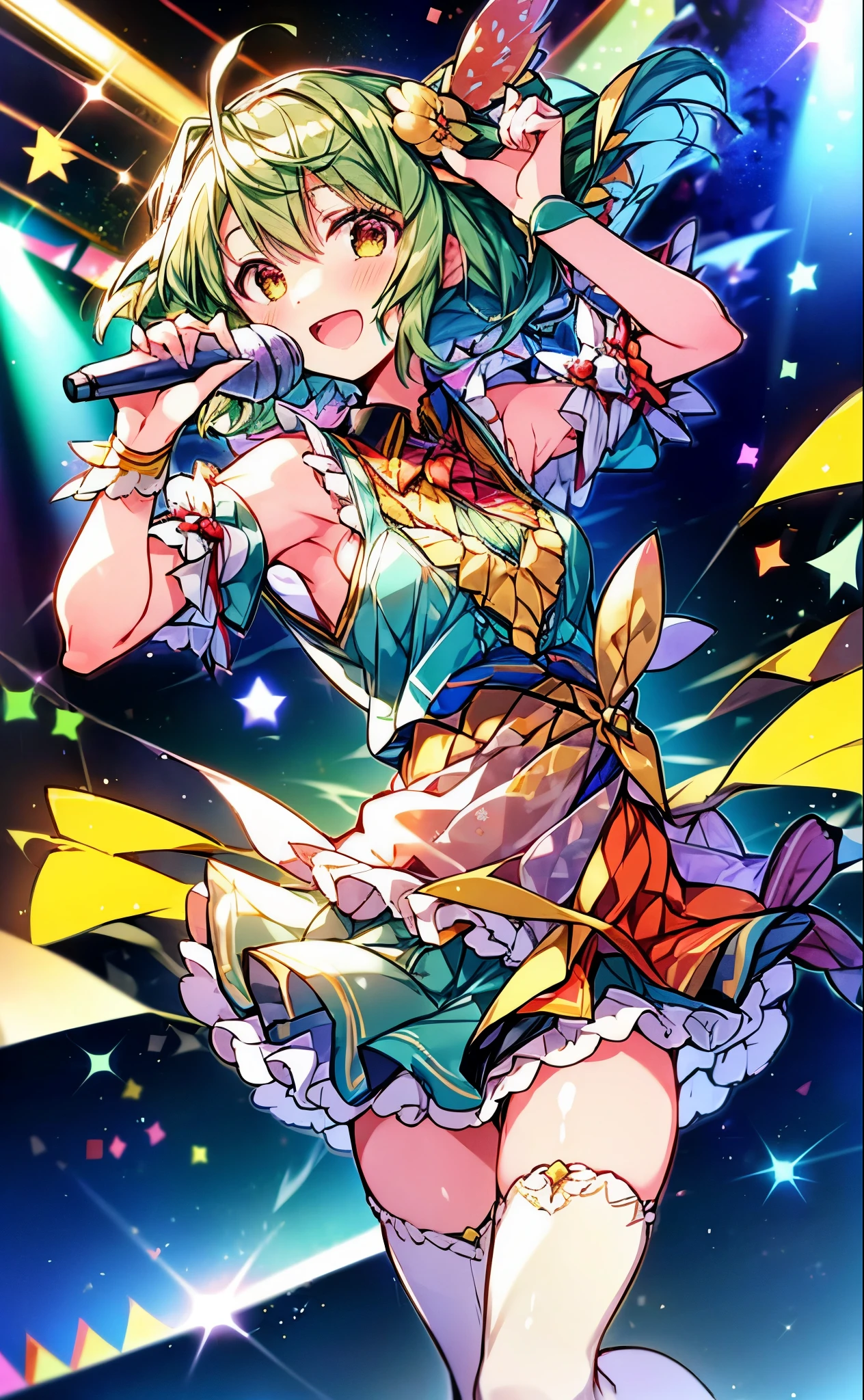 (anime:1.1), highest quality, table top,
1 girl, handley,Macross Frontier　handley, green hair, short hair、bob hair,small breasts, blue eyes, mature woman,  looking at the viewer, smile，stage performance, hot air，Idol style green kimono,white knee high socks，jumping,，アイドルsinger standing in the center of the stage，アイドルsinger holding a microphone and singing， アイドルsinger&#39;serious and powerful expression. singer&#39;&#39;&#39;voice is powerful and beautiful，fans gather around the stage， ファンはアイドルsingerと一緒に歌ったり踊ったりしています