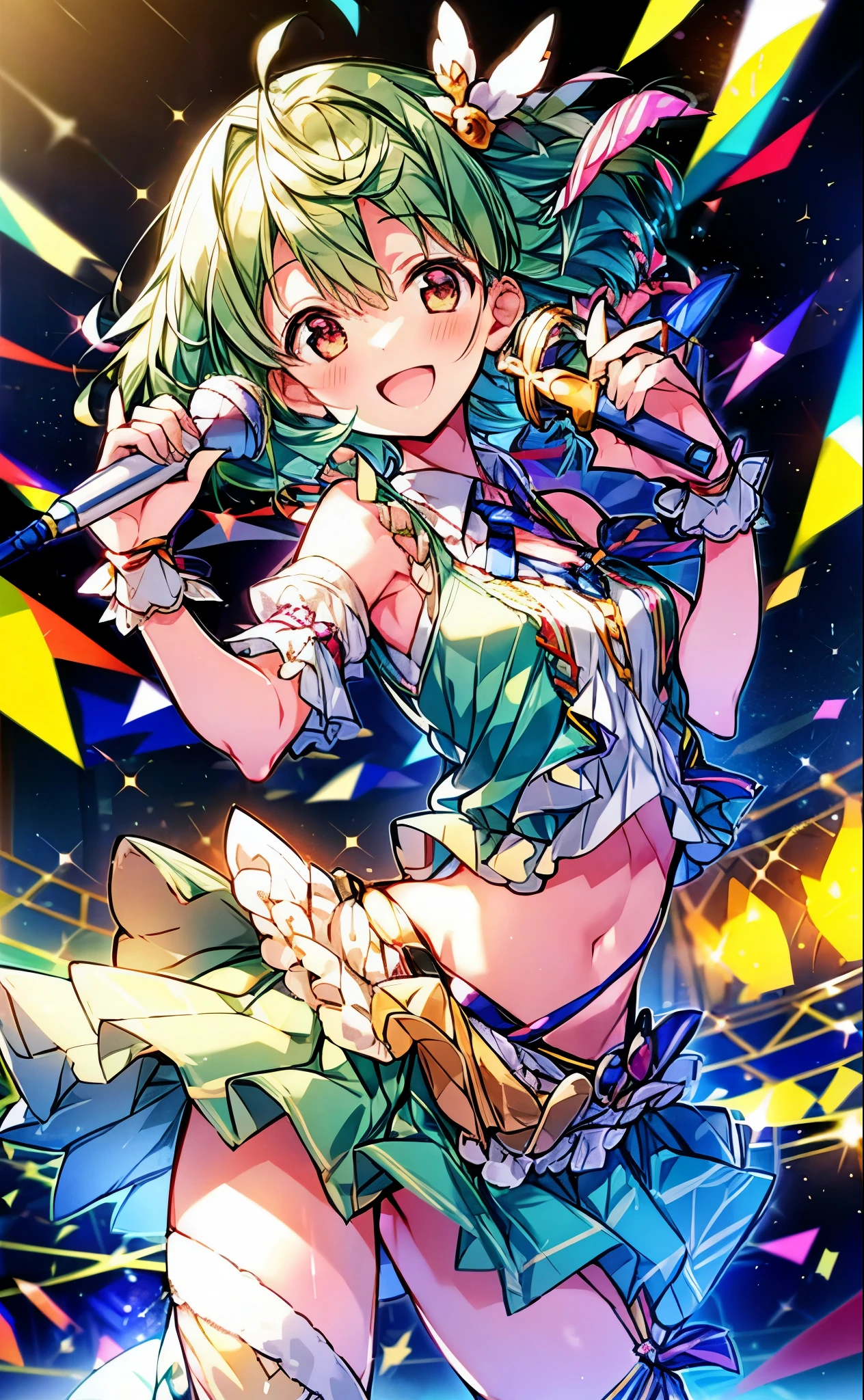 (anime:1.1), highest quality, table top,
1 girl, handley,Macross Frontier　handley, green hair, short hair、bob hair,small breasts, blue eyes, mature woman,  looking at the viewer, smile，stage performance, hot air，Idol style green kimono,white knee high socks，jumping,，アイドルsinger standing in the center of the stage，アイドルsinger holding a microphone and singing， アイドルsinger&#39;serious and powerful expression. singer&#39;&#39;&#39;voice is powerful and beautiful，fans gather around the stage， ファンはアイドルsingerと一緒に歌ったり踊ったりしています