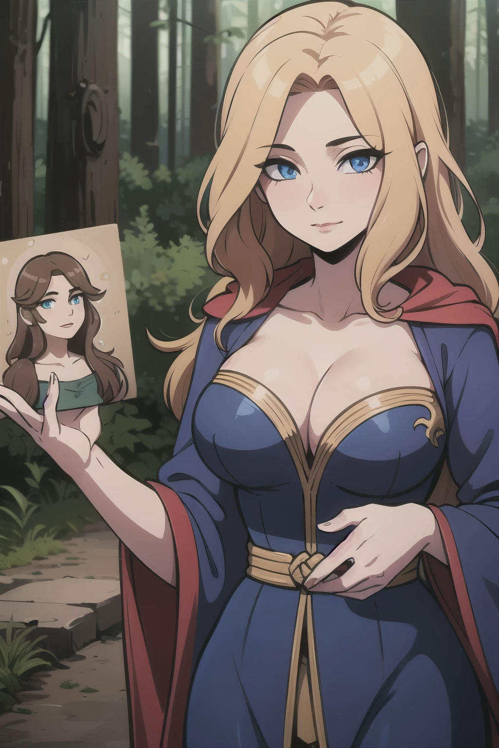 ((Best quality)), ((Masterpiece)), (detailed), perfect face perfect figure, Middle Ages, forest background, Sorceress Woman, woman in a robe, Golden hair, Blue eyes, tight blue robe