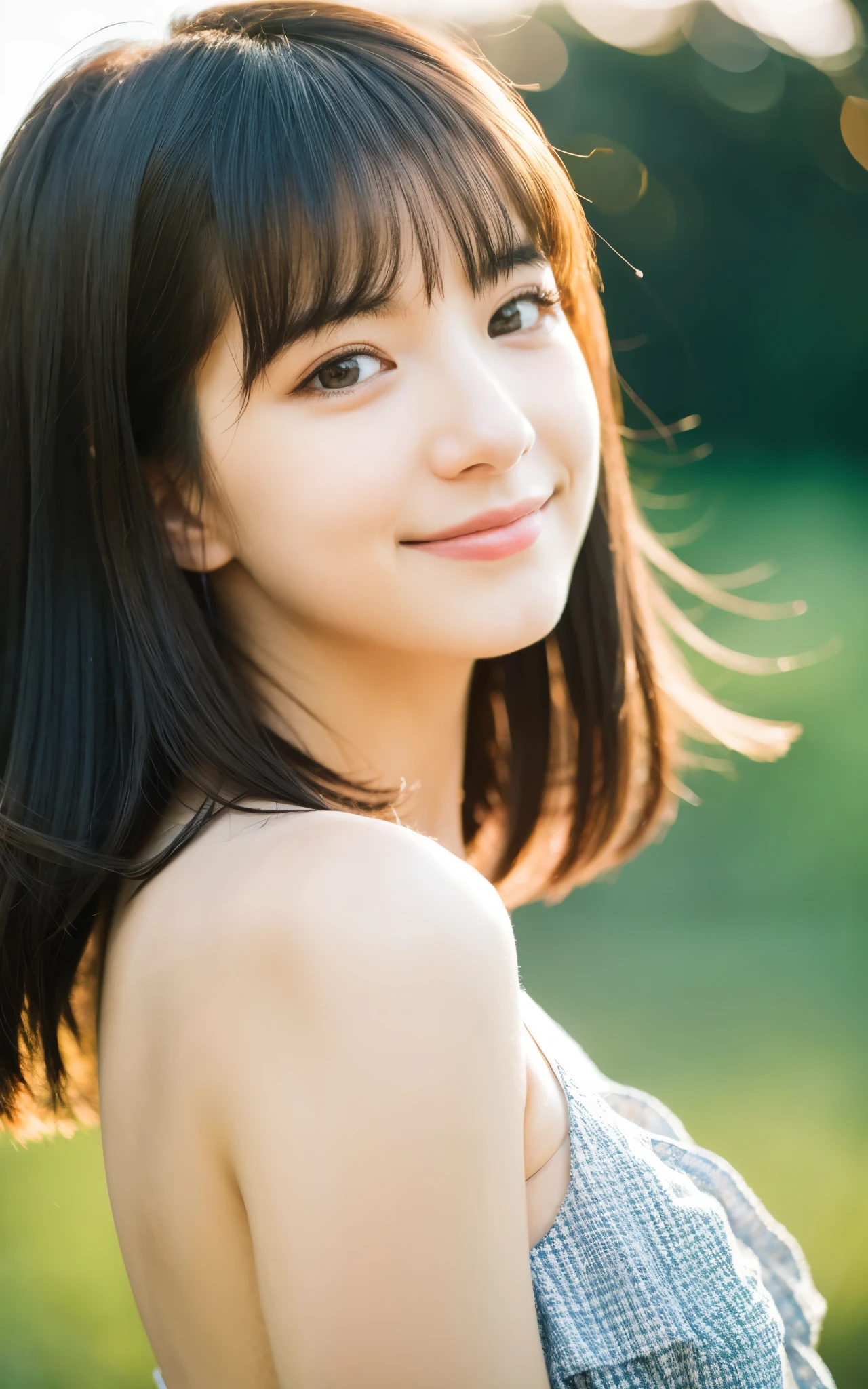 masterpiece, Best Quality, 8K, 20 yo, medium breast, Raw photo, Professional Photography, Portrait, Soft light, Professional Lighting, Back lighting, Solo, Smile, close up, Cute, Girly, Delicate girl, Neat and clean beauty, Upper body, Looking away, Sophisticated, Film grain, (Eyes and faces with detailed:1.0), Medium length hair swaying in the wind,