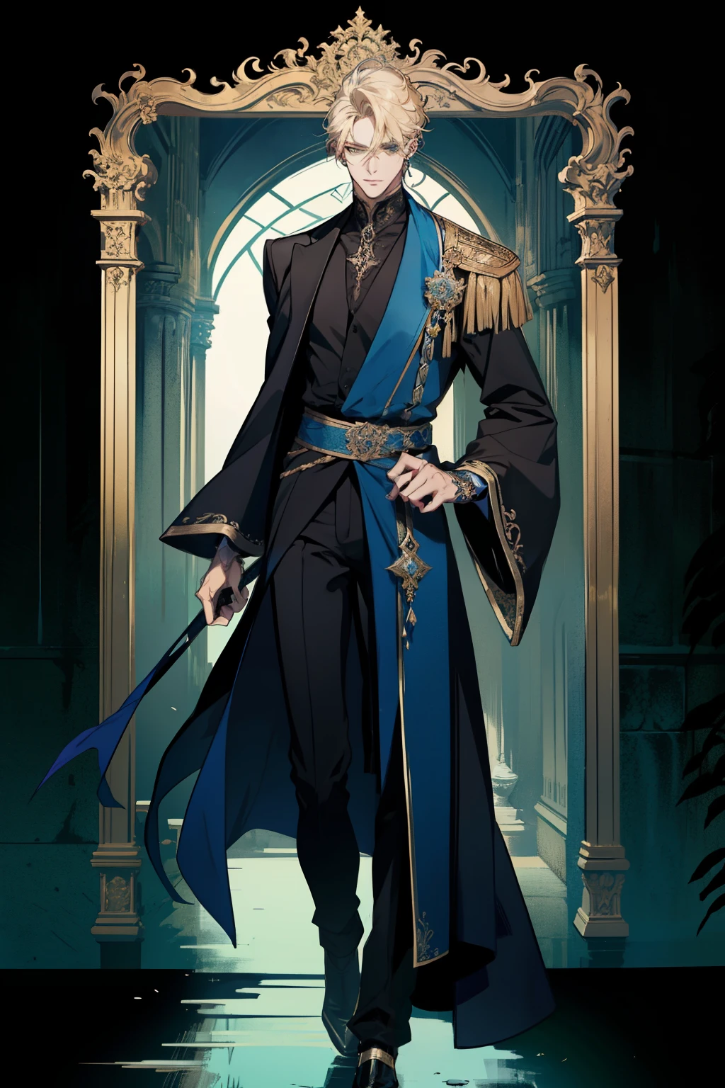 detailed 25 year old male face, handsome,tall and muscular boy, wearing fantasy formal clothing, beautiful androgynous prince, ((wearing aristocrat robe)), delicate androgynous prince, regal dark blue clothes, delicate androgynous prince, beautiful androgynous prince, handsome guy in demon slayer art, interesting character design, professional character design, high quality character design, male character design, wearing a black noble suit, full body character design, anime character design, blonde hair, short hair, green eyes
