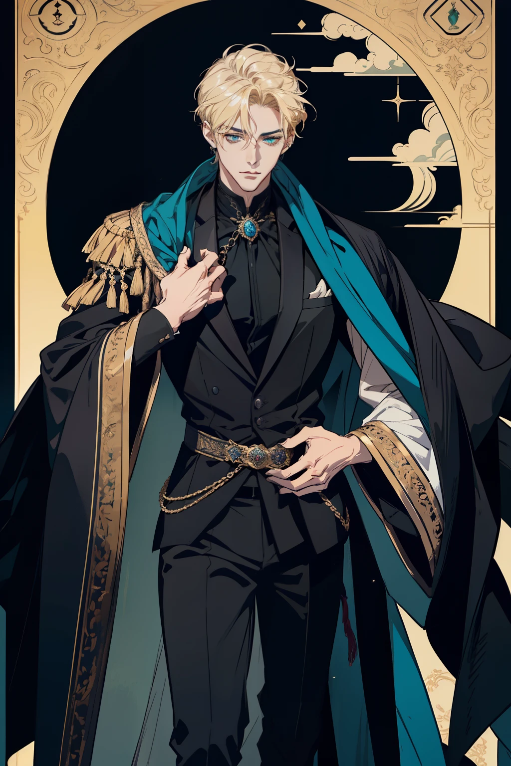 detailed 25 year old male face, handsome,tall and muscular boy, wearing fantasy formal clothing, beautiful androgynous prince, ((wearing aristocrat robe)), delicate androgynous prince, regal dark blue clothes, delicate androgynous prince, beautiful androgynous prince, handsome guy in demon slayer art, interesting character design, professional character design, high quality character design, male character design, wearing a black noble suit, full body character design, anime character design, blonde hair, short hair, green eyes