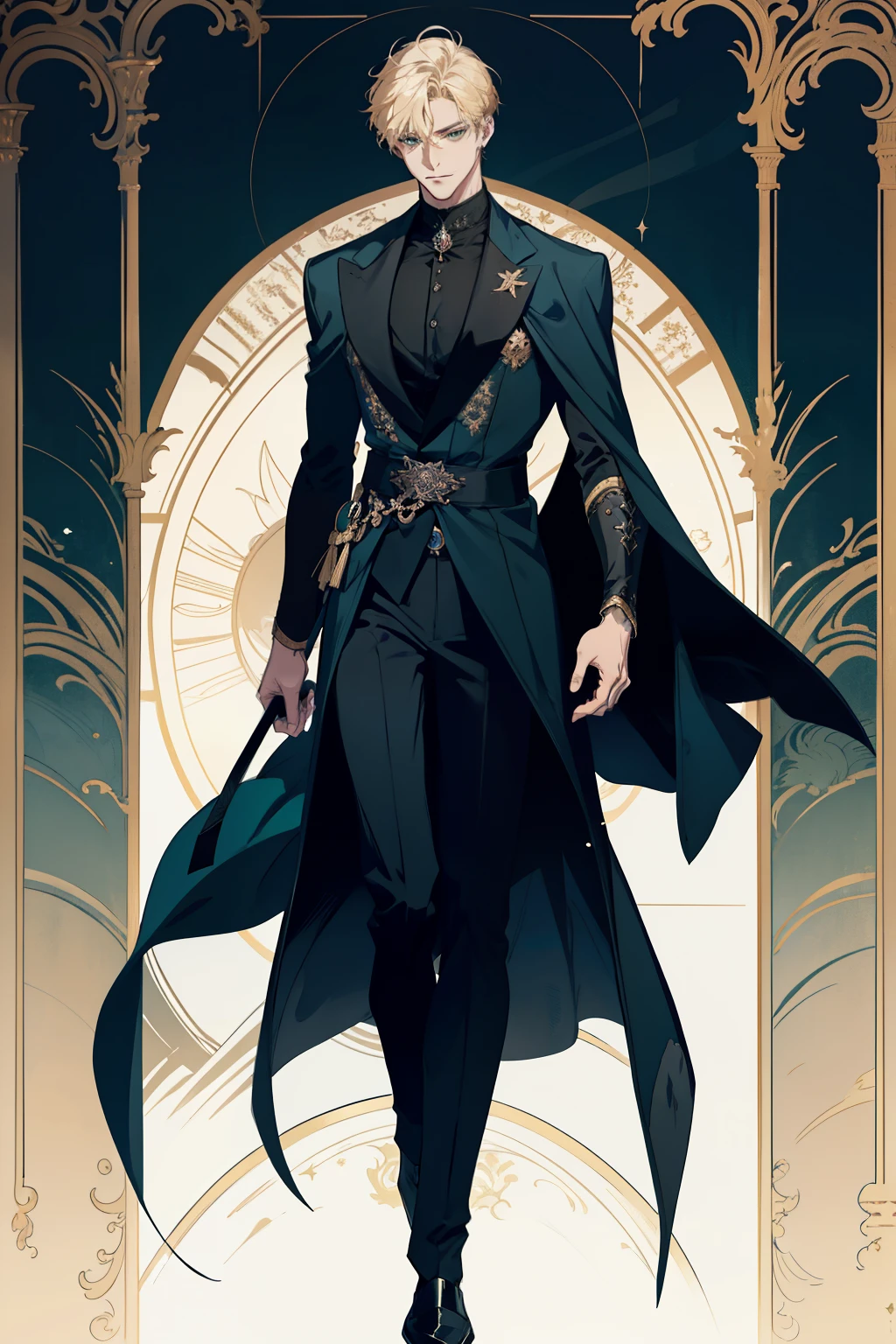 detailed 25 year old male face, handsome，tall and muscular boy, wearing fantasy formal clothing, beautiful androgynous prince, ((wearing aristocrat robe)), delicate androgynous prince, regal dark blue clothes, delicate androgynous prince, beautiful androgynous prince, handsome guy in demon slayer art, interesting character design, professional character design, high quality character design, male character design, wearing a black noble suit, full body character design, anime character design, blonde hair, short hair, green eyes