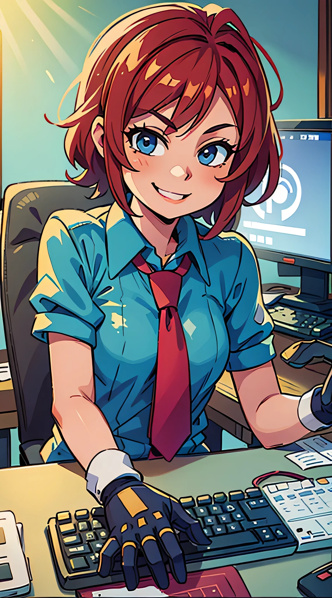 masterpiece, best quality, twitch-chan, hairclip, hair ornament, collared shirt, sleeveless, necktie, gloves, sitting behind a desk, looking at viewer, smile, waving, bedroom, bed, computer mouse, keyboard 