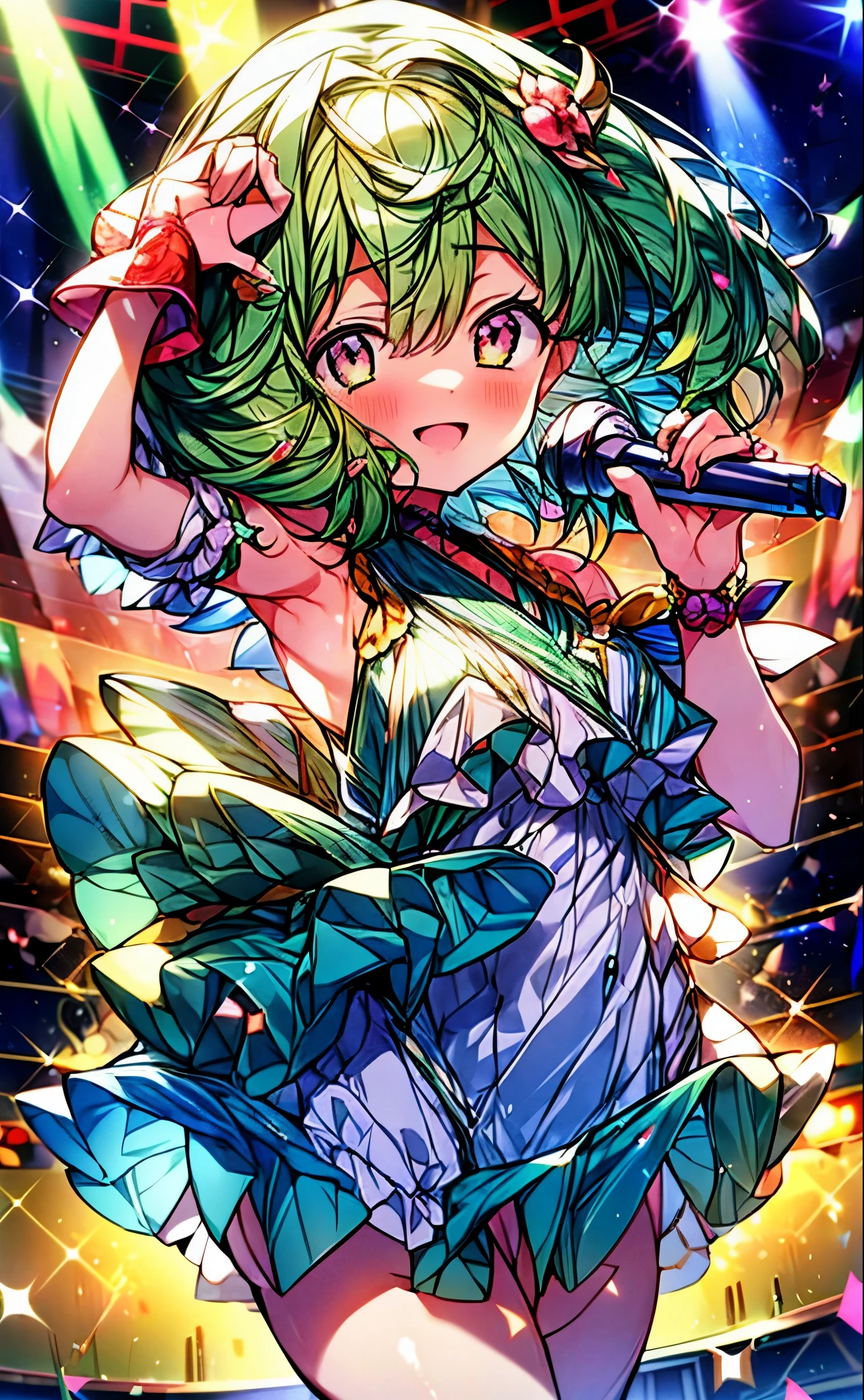 (anime:1.1), highest quality, table top,
1 girl, handley,Macross Frontier　handley, green hair, short hair、bob hair,small breasts, red eyes, mature woman,  looking at the viewer, smile，stage performance, hot air，Idol style green kimono,white knee high socks，jumping,，アイドルsinger standing in the center of the stage，アイドルsinger holding a microphone and singing， アイドルsinger&#39;serious and powerful expression. singer&#39;&#39;&#39;voice is powerful and beautiful，fans gather around the stage， ファンはアイドルsingerと一緒に歌ったり踊ったりしています,(masterpiece:1.2), highest quality, High resolution, unity 8k wallpaper, (shape:0.8), (beautiful and detailed eyes:1.6), highly detailed face, perfect lighting, Very detailed CG, (perfect hands, perfect anatomy),