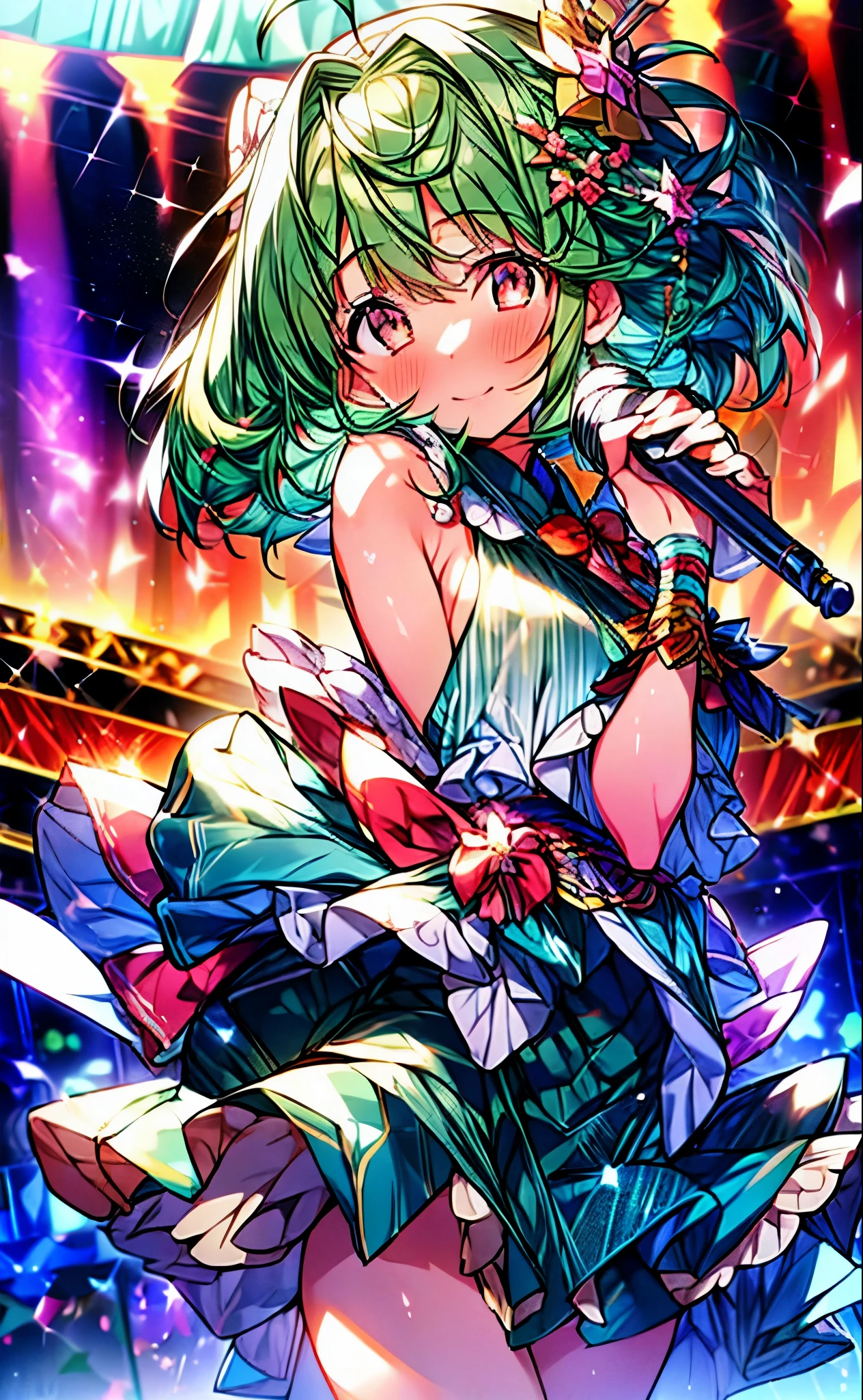 (anime:1.1), highest quality, table top,
1 girl, handley,Macross Frontier　handley, green hair, short hair、bob hair,small breasts, red eyes, mature woman,  looking at the viewer, smile，stage performance, hot air，Idol style green kimono,white knee high socks，jumping,，アイドルsinger standing in the center of the stage，アイドルsinger holding a microphone and singing， アイドルsinger&#39;serious and powerful expression. singer&#39;&#39;&#39;voice is powerful and beautiful，fans gather around the stage， ファンはアイドルsingerと一緒に歌ったり踊ったりしています,(masterpiece:1.2), highest quality, High resolution, unity 8k wallpaper, (shape:0.8), (beautiful and detailed eyes:1.6), highly detailed face, perfect lighting, Very detailed CG, (perfect hands, perfect anatomy),