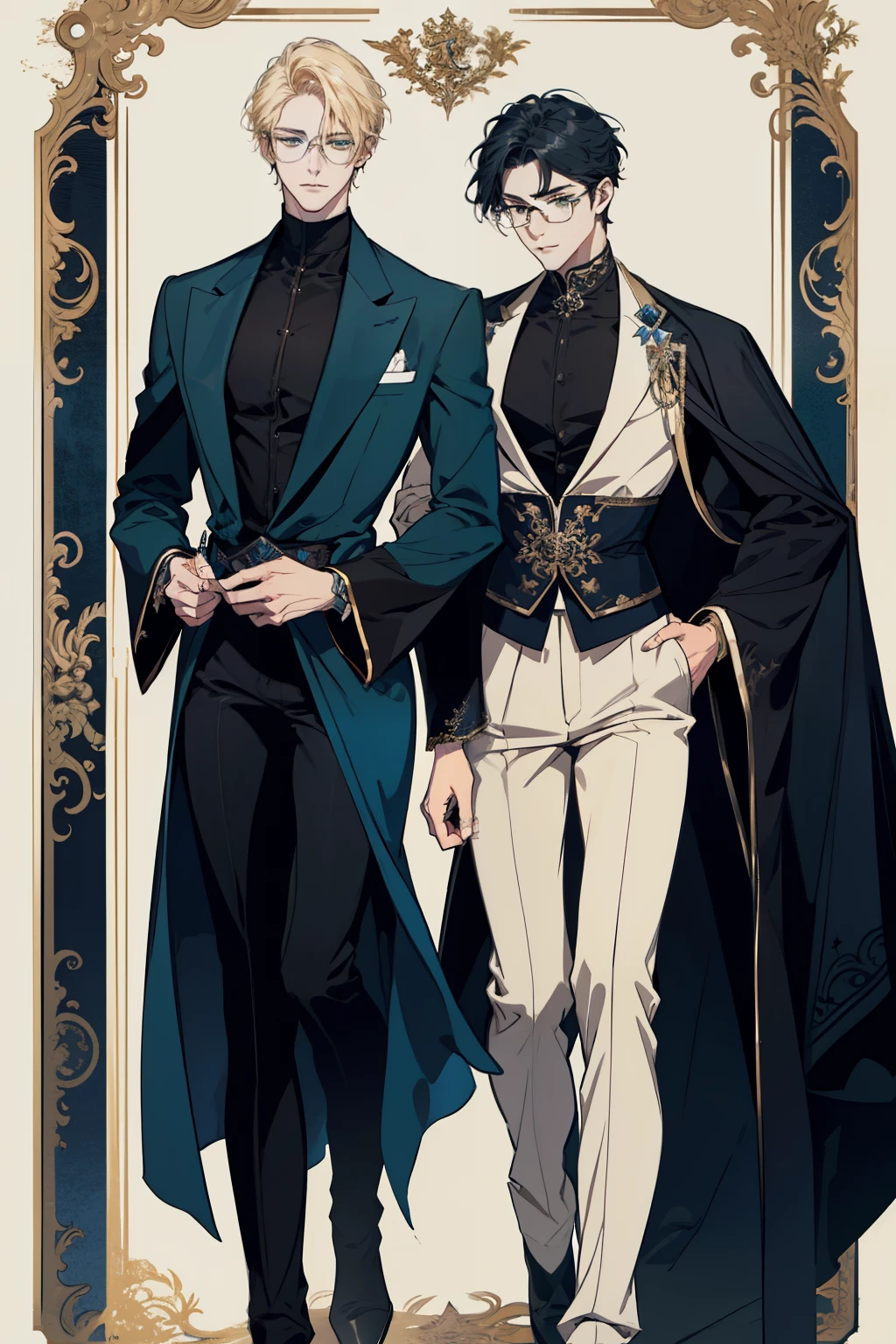 detailed 25 year old male face, handsome,tall and muscular boy, wearing fantasy formal clothing, beautiful androgynous prince, ((wearing aristocrat robe)), delicate androgynous prince, regal dark blue clothes, delicate androgynous prince, beautiful androgynous prince, handsome guy in demon slayer art, interesting character design, professional character design, high quality character design, male character design, wearing a black noble suit, full body character design, anime character design, blonde hair, short hair, green eyes, glasses