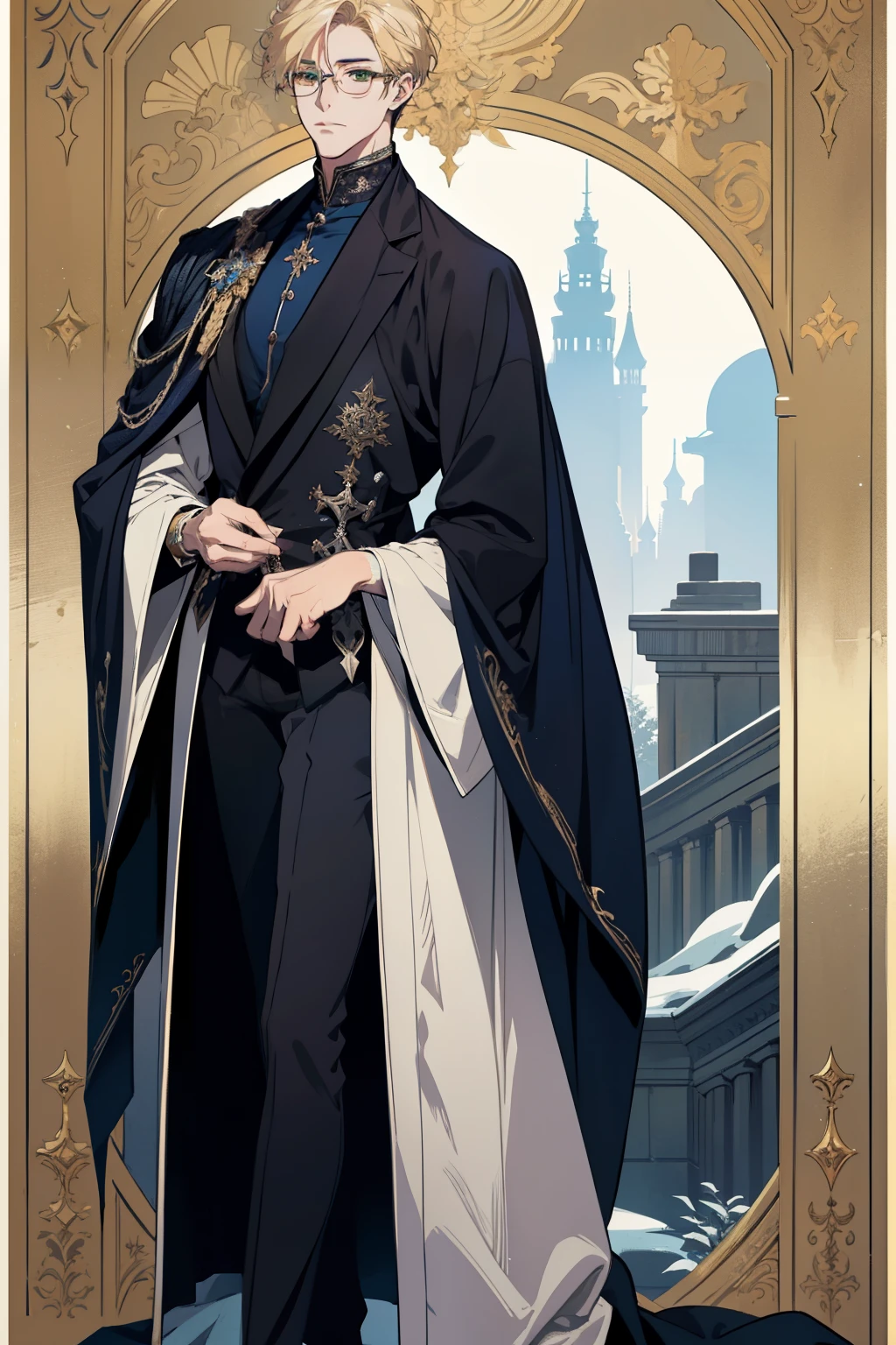 detailed 25 year old male face, handsome,tall and muscular boy, wearing fantasy formal clothing, beautiful androgynous prince, ((wearing aristocrat robe)), delicate androgynous prince, regal dark blue clothes, delicate androgynous prince, beautiful androgynous prince, handsome guy in demon slayer art, interesting character design, professional character design, high quality character design, male character design, wearing a black noble suit, full body character design, anime character design, blonde hair, short hair, green eyes, glasses