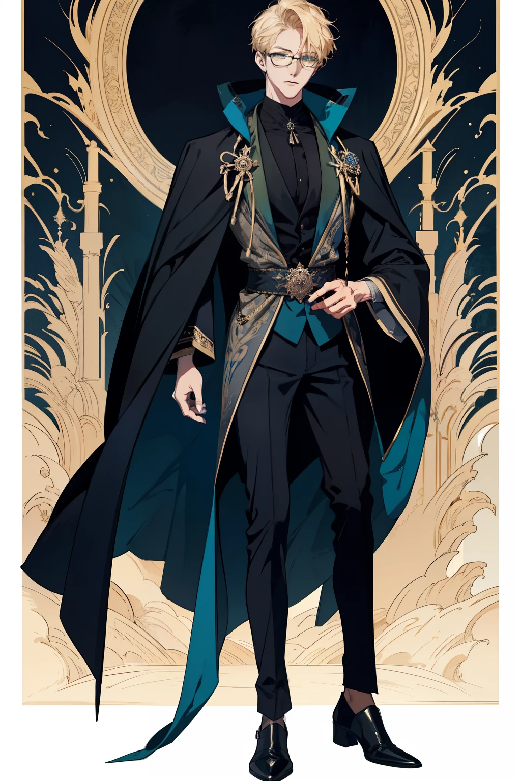 detailed 25 year old male face, handsome,tall and muscular boy, wearing fantasy formal clothing, beautiful androgynous prince, ((wearing aristocrat robe)), delicate androgynous prince, regal dark blue clothes, delicate androgynous prince, beautiful androgynous prince, handsome guy in demon slayer art, interesting character design, professional character design, high quality character design, male character design, wearing a black noble suit, full body character design, anime character design, blonde hair, short hair, green eyes, glasses