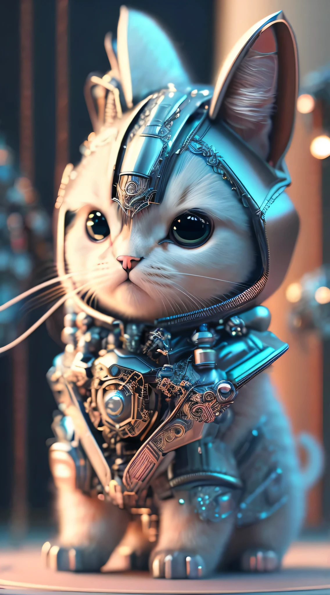 Cute kitten made of metal, (Cyborg:1.1), ([tail | detailed wire]:1.3), (intricate details), HDR, (intricate details, hyperdetailed:1.2), cinematic frame, vignette, centered
