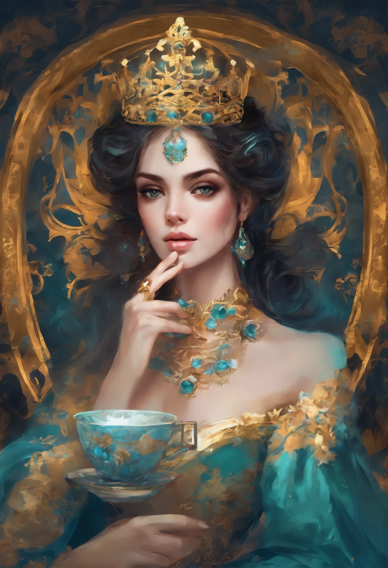 princesa , cabello oscuro, con heterocromia el ojo izquierdo color azul y el ojo derecho color verde, con una corona y joyeria dorada, sitting drinking tea, arte rococo