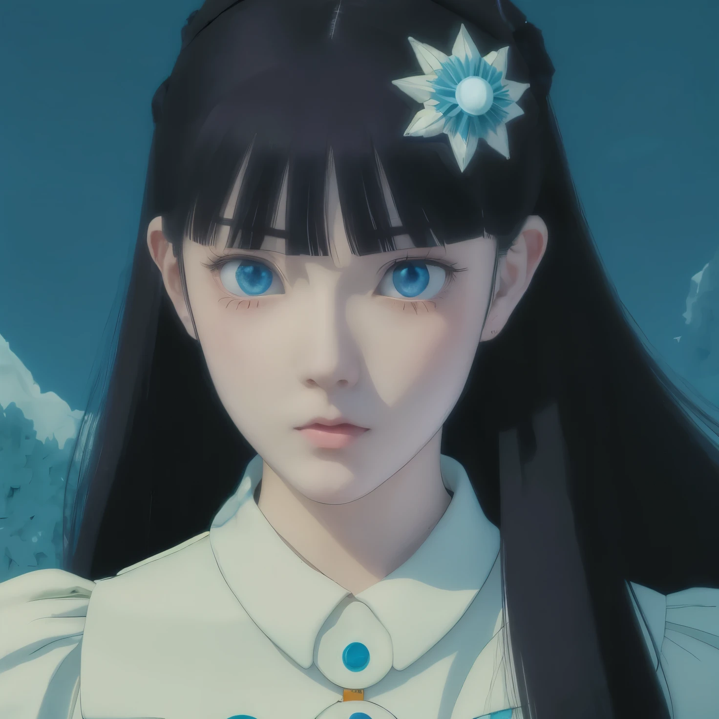 3D, Three-dimensional work, Anime girl with long black hair and blue eyes in a white dress., porcelain skin. Studio Ghibli, image of a young woman, Anime pictures of cute girls, inspired By Miwa Komatsu, retro anime girl, Clean, detailed anime art., Close-up of an anime girl, By Miwa Komatsu, The Yuki Onna&#39;s piercing gaze