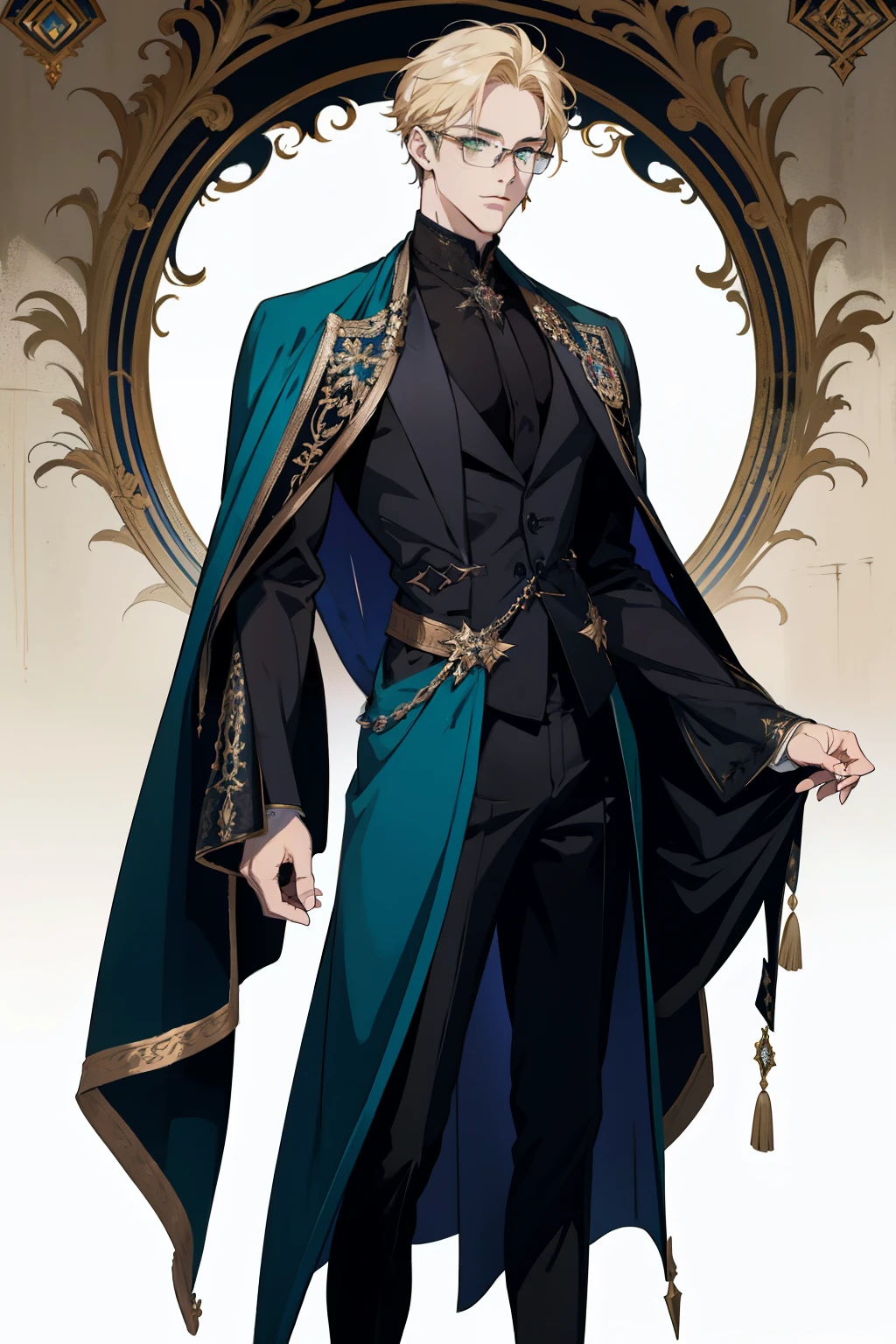 detailed 25 year old male face, handsome,tall and muscular boy, wearing fantasy formal clothing, beautiful androgynous prince, ((wearing aristocrat robe)), delicate androgynous prince, regal dark blue clothes, delicate androgynous prince, beautiful androgynous prince, handsome guy in demon slayer art, interesting character design, professional character design, high quality character design, male character design, wearing a black noble suit, full body character design, anime character design, blonde hair, short hair, green eyes, glasses
