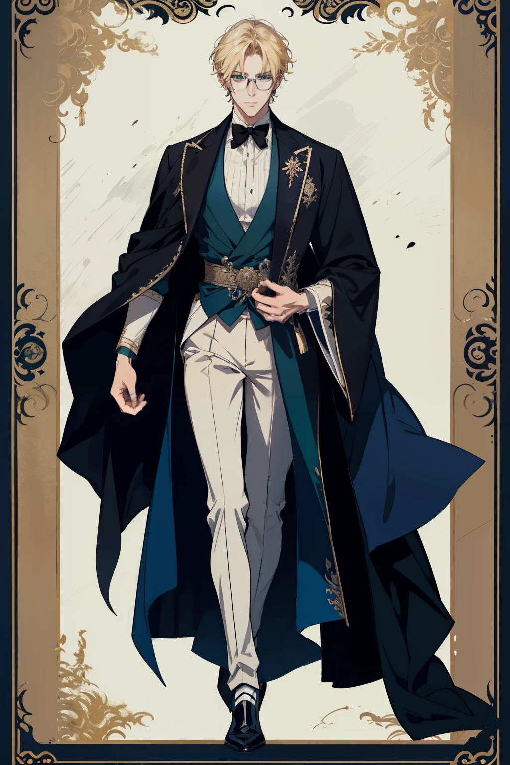 detailed 25 year old male face, handsome,tall and muscular boy, wearing fantasy formal clothing, beautiful androgynous prince, ((wearing aristocrat robe)), delicate androgynous prince, regal dark blue clothes, delicate androgynous prince, beautiful androgynous prince, handsome guy in demon slayer art, interesting character design, professional character design, high quality character design, male character design, wearing a black noble suit, full body character design, anime character design, blonde hair, short hair, green eyes, glasses