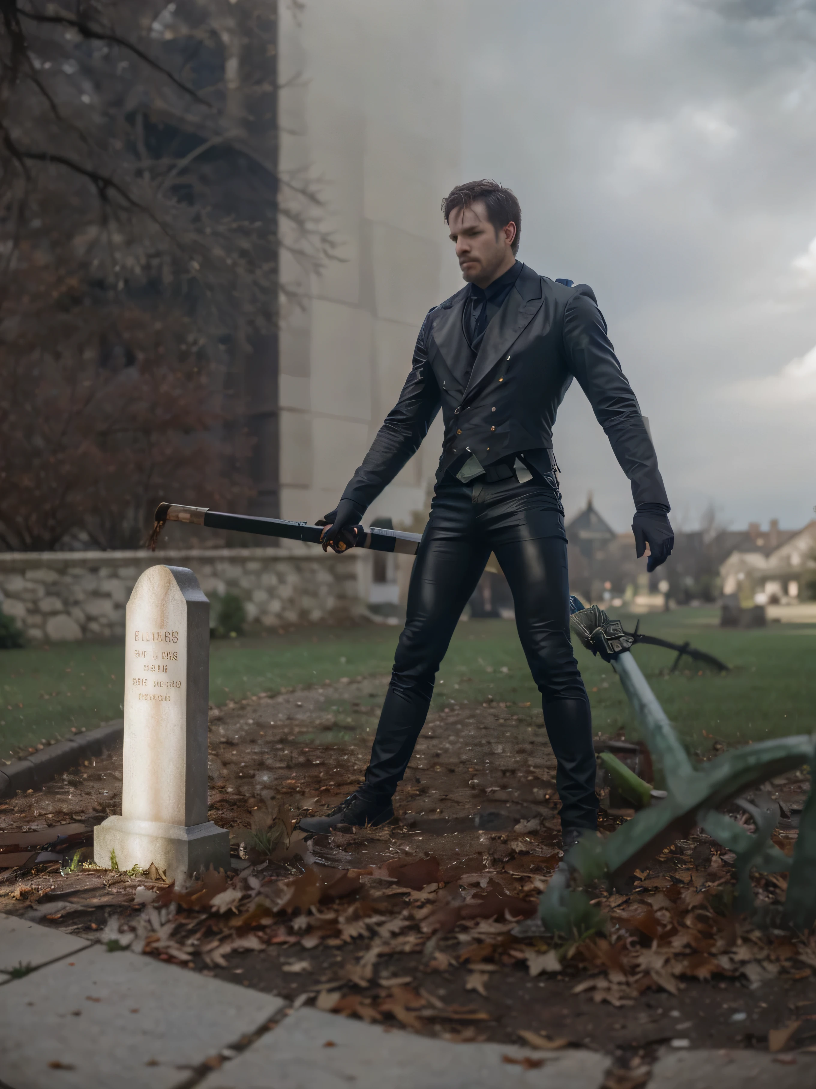 Tombstone, a mansion behind, leaves falling, grass on the ground, dry branches on the ground.
