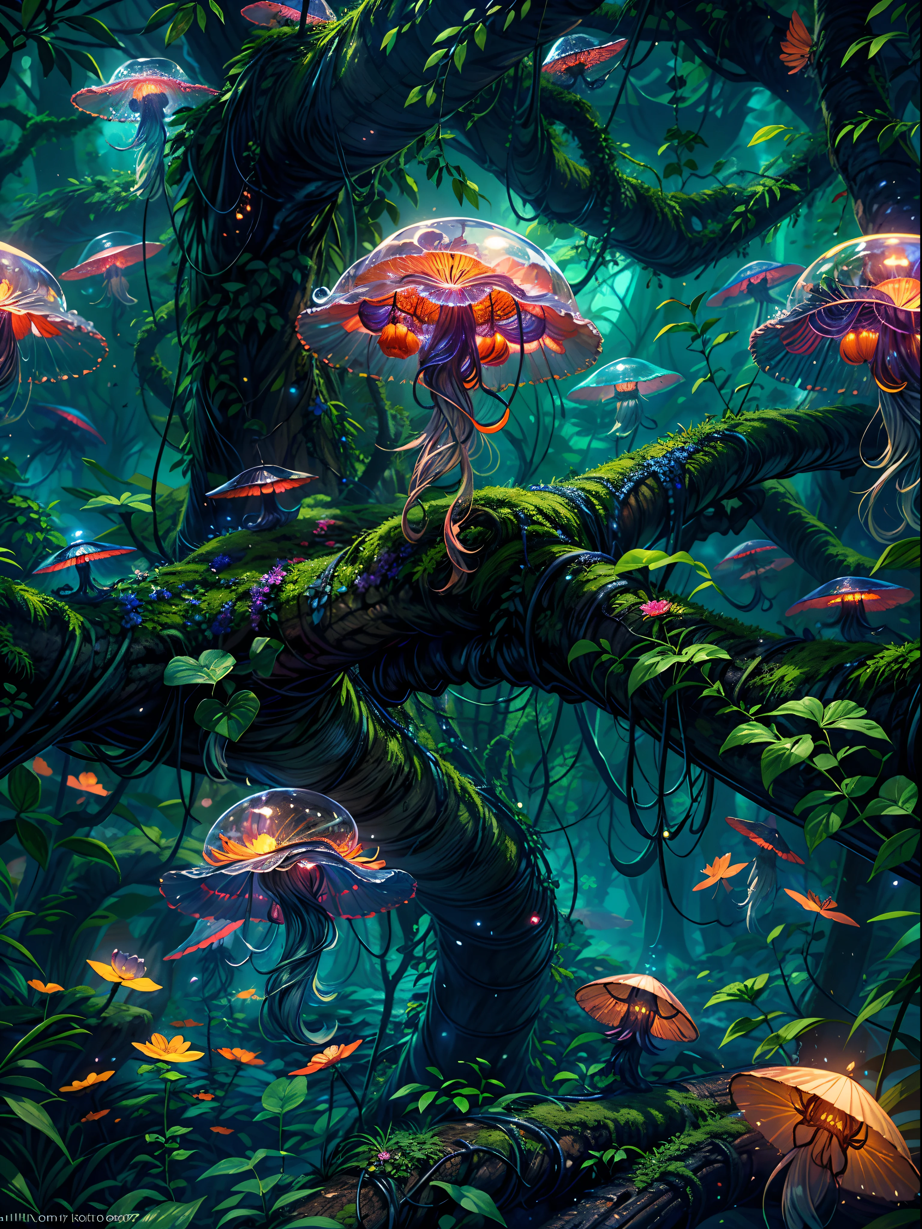 (melhor qualidade,4k,8K,high resolution,obra de arte:1.2),ultra-detalhado,(Realista,photoRealista,photo-Realista:1.37),selva de fantasia,floating jellyfish,folha azul,Borboleta rosa,vaga-lume,cogumelo brilhante,strange-looking tree,vinhas pretas,strange-looking flowers,colorful flowers and tree,
artistic rendering,ethereal atmosphere,cores vibrantes,luz solar manchada,lush vegetation,majestic treetops,sombras misteriosas,caminhos inexplorados,criaturas escondidas,
folhagem encantadora,sussurrando folhas,plantas surreais,farfalhar suave,illuminated petals,brilho de sonho,mesmerizing luminescence,vaga-lumes cintilantes,estrelas cintilantes,
mystical atmosphere,detalhes intrincados,Airy and magical,Ethereal beauty,peaceful serenity,Secluded oasis,fuga encantada,Enigmatic depths,tranquilidade sobrenatural