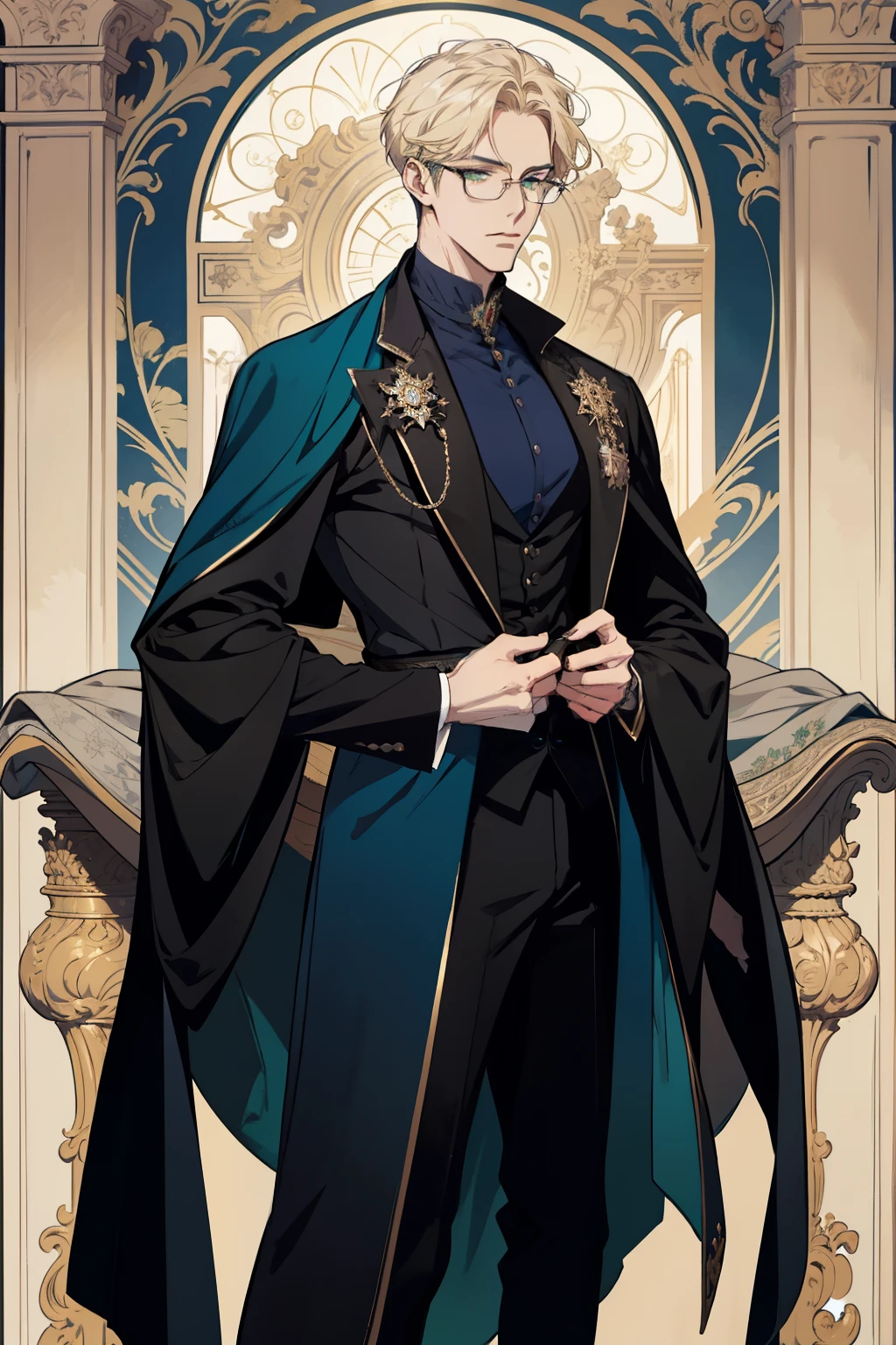 detailed 25 year old male face, handsome，tall and muscular boy, wearing fantasy formal clothing, beautiful androgynous prince, ((wearing aristocrat robe)), delicate androgynous prince, regal dark blue clothes, delicate androgynous prince, beautiful androgynous prince, handsome guy in demon slayer art, interesting character design, professional character design, high quality character design, male character design, wearing a black noble suit, full body character design, anime character design, blonde hair, short hair, green eyes, glasses, rich, money