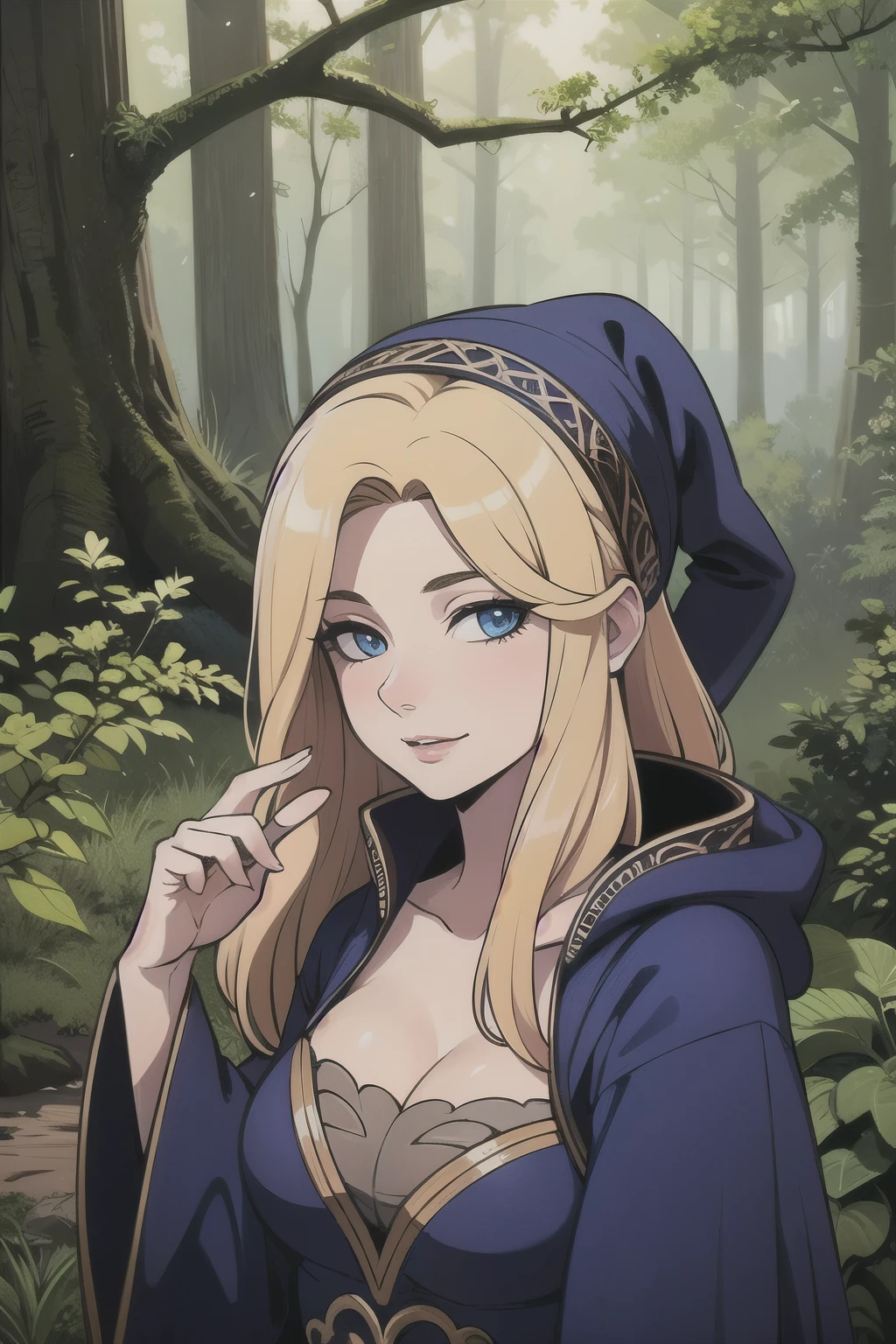((Best quality)), ((Masterpiece)), (detailed), perfect face perfect figure, Middle Ages, forest background, Sorceress Woman, woman in a robe, Golden hair, Blue eyes, tight blue robe