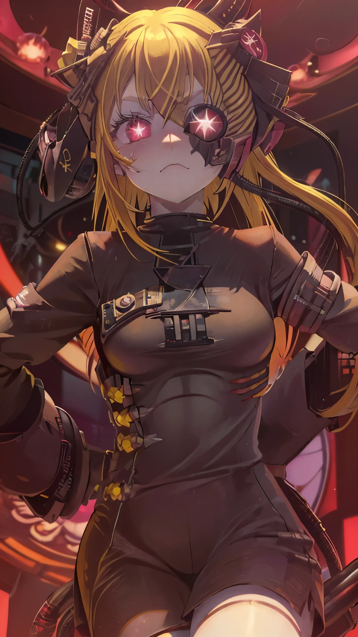 full view ruby hoshino, (yellow hair:1.5), long hair, one side up, (pink eyes:1.5), sidelocks, (star-shaped pupils:1.5), (symbol-shaped pupils:1.5), (mismatched pupils:1.5), borg cyborg bald gray skin veins metal armor cable eyepatch deadpan expressio