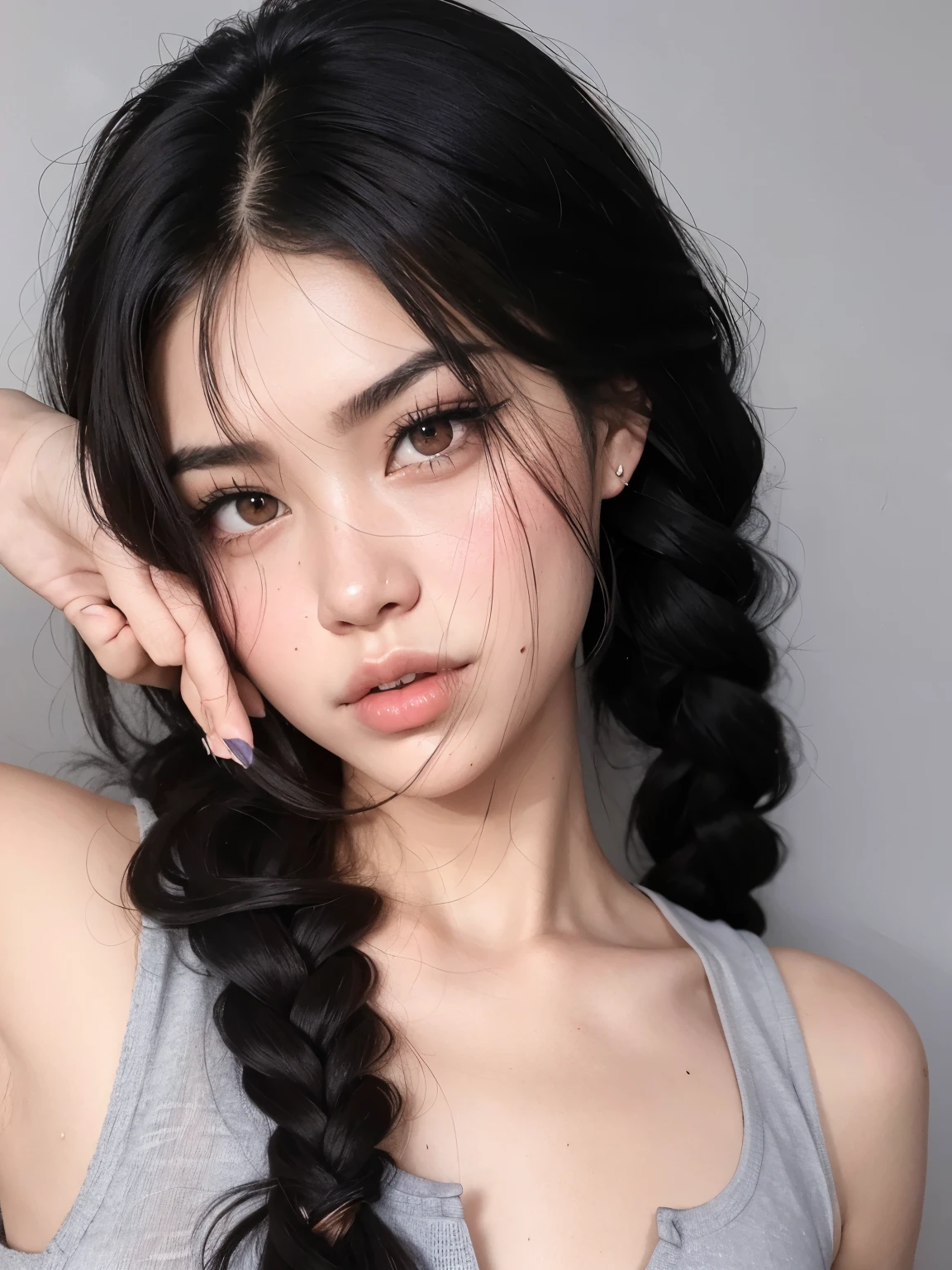 Mujer arafed con cabello largo y negro y una camiseta sin mangas gris, pelo de coletasstyle, con coletas negras, Southeast Asian with round face, hermoso rostro estetico, two pelo de coletasstyle, muchacha coreana, ulzzang, Beautiful asian girl, pelo de coletas, chica linda-cara-fina, ig model | germen de arte, asian features