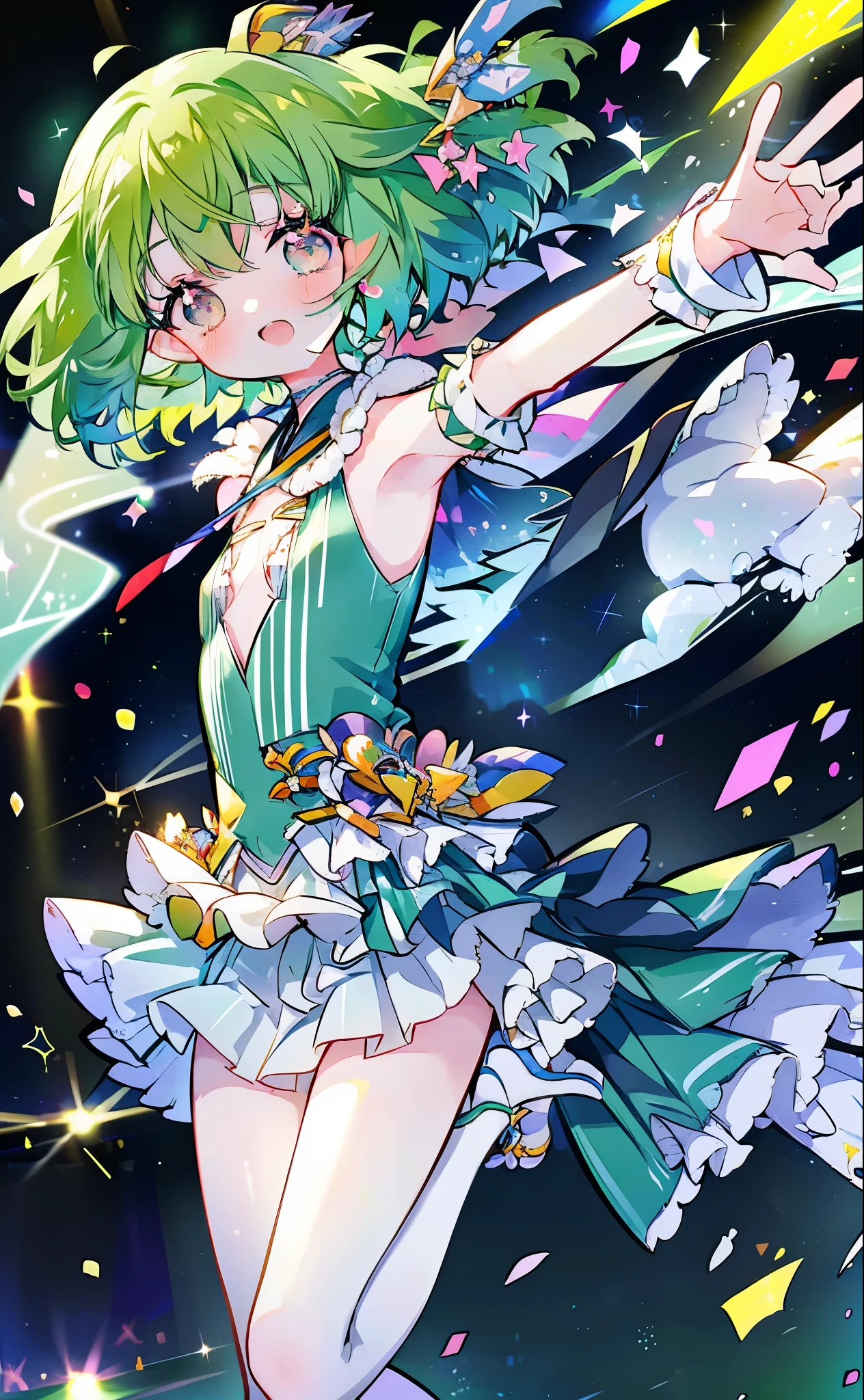 (anime:1.1), highest quality, table top,
1 girl, handle,Macross Frontier　handle, green hair, short hair、bob hair,small breasts, blue eyes, mature woman,  looking at the viewer, smile，stage performance, hot air，Idol style green kimono,white knee high socks，jumping,，アイドルsinger standing in the center of the stage，アイドルsinger holding a microphone and singing， アイドルsinger&#39;serious and powerful expression. singer&#39;&#39;&#39;voice is powerful and beautiful，fans gather around the stage， ファンはアイドルsingerと一緒に歌ったり踊ったりしています