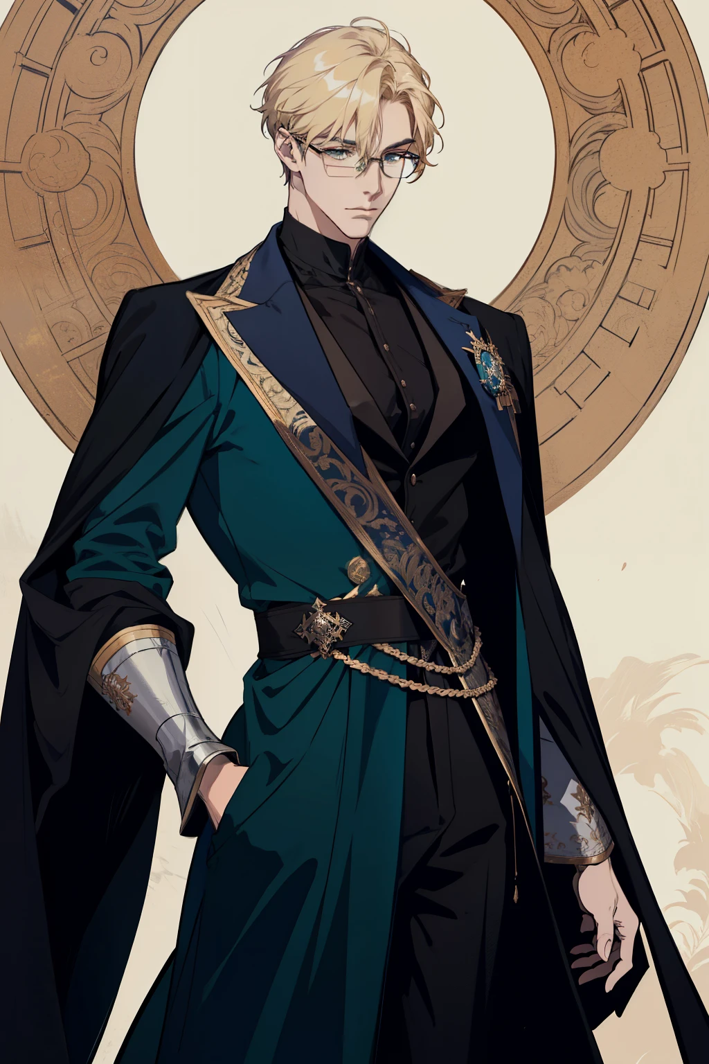 detailed 25 year old male face, handsome,tall and muscular boy, wearing fantasy formal clothing, beautiful androgynous prince, ((wearing aristocrat robe)), delicate androgynous prince, regal dark blue clothes, delicate androgynous prince, beautiful androgynous prince, handsome guy in demon slayer art, interesting character design, professional character design, high quality character design, male character design, wearing a black noble suit, anime character design, blonde hair, short hair, green eyes, glasses, rich, money