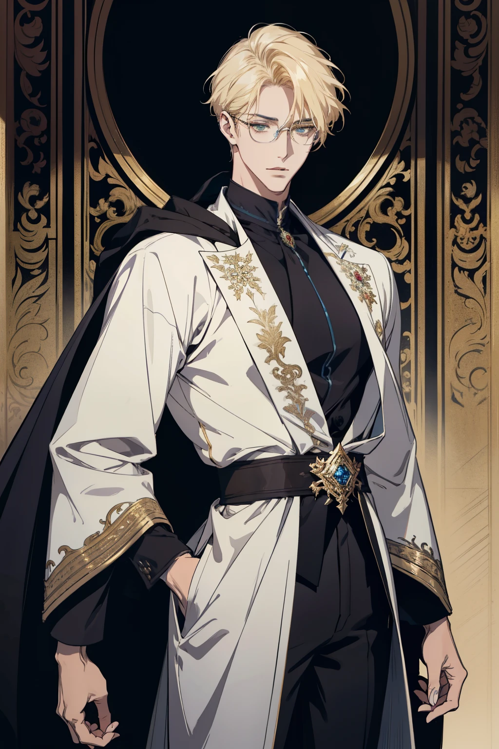 detailed 25 year old male face, handsome,tall and muscular boy, wearing fantasy formal clothing, beautiful androgynous prince, ((wearing aristocrat robe)), delicate androgynous prince, regal dark blue clothes, delicate androgynous prince, beautiful androgynous prince, handsome guy in demon slayer art, interesting character design, professional character design, high quality character design, male character design, wearing a black noble suit, anime character design, blonde hair, short hair, green eyes, glasses, rich, money