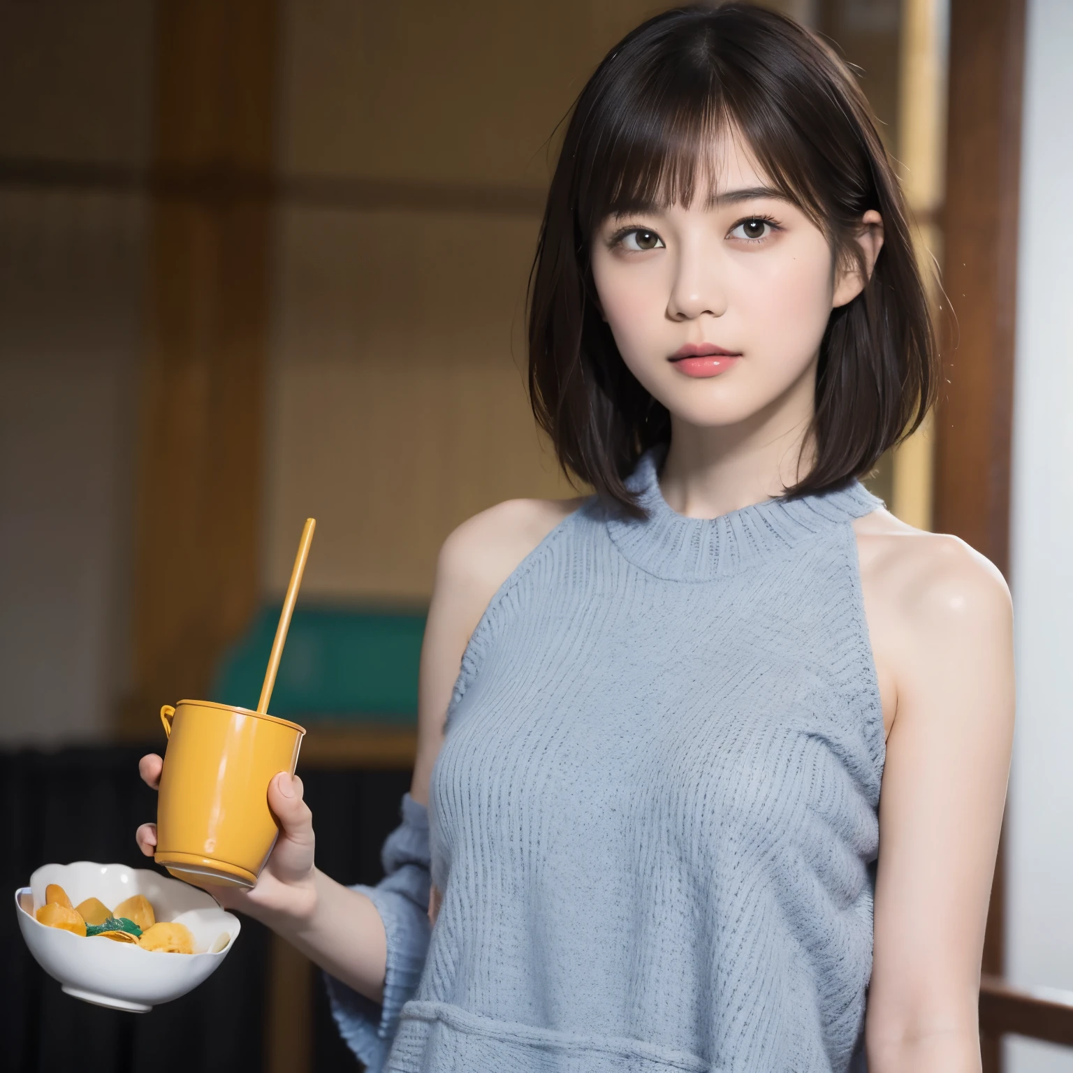 （There is a woman sitting at a table drinking beer, bar girl, In a tatami room, with a drink, Drinking beer, In the pub, In the pub, at bar, drinking beer at bar, Drink at the bar）in a house、（Beer mug）（Edamame、Snacks）downbrouse、No bangs:1.10、straight flat chest:1.20, (leaning-forward:1.3)、（Woman with beer）、(Oversized dresses、Loose dress、low cut dress:1.5)、bra very.10, Pink areola is visible:1.20,  A Cup:1.20, Erotic, (top-quality、8K、32K、​masterpiece)、japanes、20yr old、Very pretty girl、Beautuful Women、Bright smile、shinny skin、blurry backround、Ear hooks:1.20, A dark-haired:1.10, Upper body close-up、Shot from above、A refreshing smile,Alafed Girl, chiho, iwakura lain, closeup Iwakura Lain, With short hair, Shiori Teshirogi, Kotegawa Yui, hime-cut, She is 20 years old, sui ishida with black hair, lain iwakura, girl cute-fine-face, Clear pubic contours,(Small breasts), hight resolution, ighly detailed, top-quality, [​masterpiece:1.6],, ighly detailed, nffsw, finely detail, top-quality, , Cinematographic lighting, 1girl in、20yr old、Cute Japan Girls、perfect body type、, Cute droopy eyes、Beautiful big eyes、ultra-detailliert、hight resolution、Transcendent beauty　top-quality、​masterpiece、majicMIX Real、(Raw photography:1.2)、(Photorealsitic:1.4)、