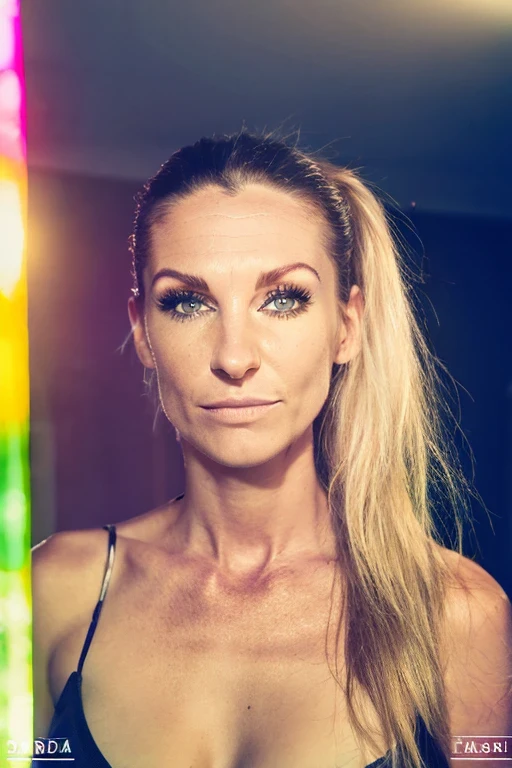 (best quality, highres, Marija, ponytailed dyed blond, dark makeup, mascara, sexy, skinny body shape, selfie, ultra-detailed portrait, studio lighting, vivid colors)