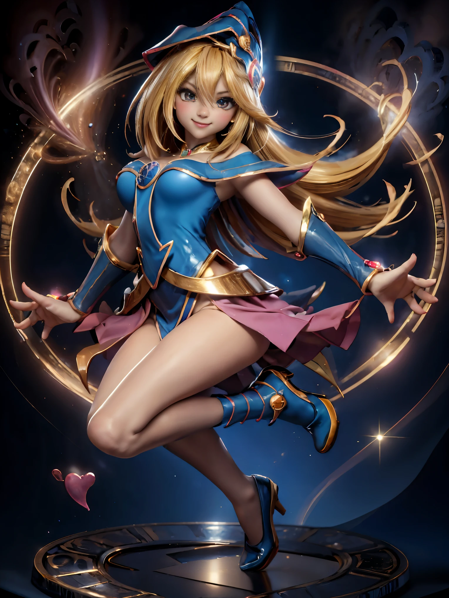 Dark magician gils en el aire, she is standing jumping, Magic hearts background. Sonrisa en sus labios. Ojos celestes. Cabello dorado. Pose sensual. Levitando en una pie. Tiene tacones. 1.1 Usa tacones azules y dorados . Usa tacones