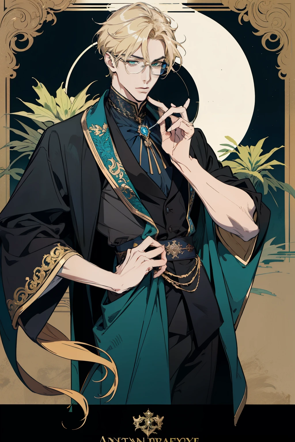 detailed 25 year old male face, handsome，tall and muscular boy, wearing fantasy formal clothing, beautiful androgynous prince, ((wearing aristocrat robe)), delicate androgynous prince, regal dark blue clothes, delicate androgynous prince, beautiful androgynous prince, handsome guy in demon slayer art, interesting character design, professional character design, high quality character design, male character design, wearing a black noble suit, anime character design, blonde hair, short hair, green eyes, glasses, rich, money