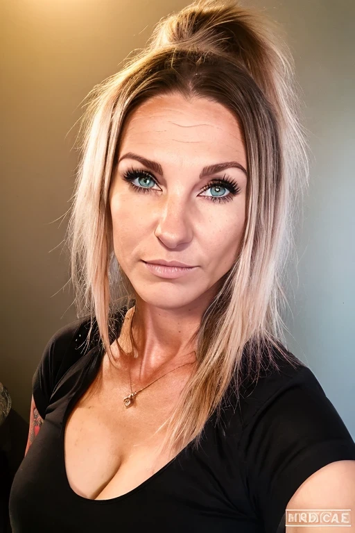 (best quality, highres, Marija, ponytailed dyed blond, dark makeup, mascara, sexy, skinny body shape, selfie, ultra-detailed portrait, studio lighting, vivid colors)