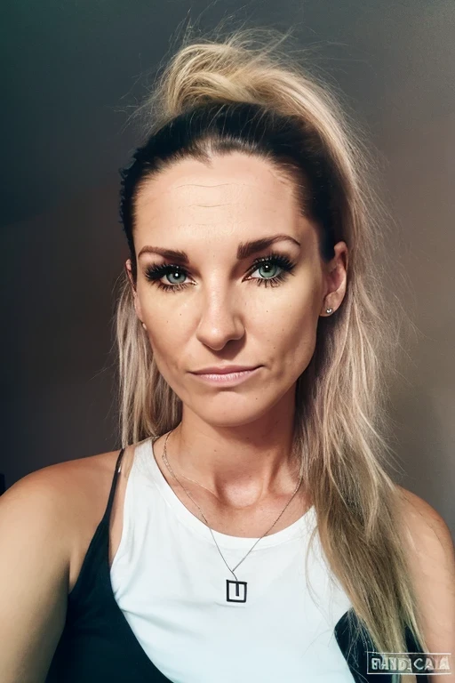 (best quality, highres, Marija, ponytailed dyed blond, dark makeup, mascara, sexy, skinny body shape, selfie, ultra-detailed portrait, studio lighting, vivid colors)
