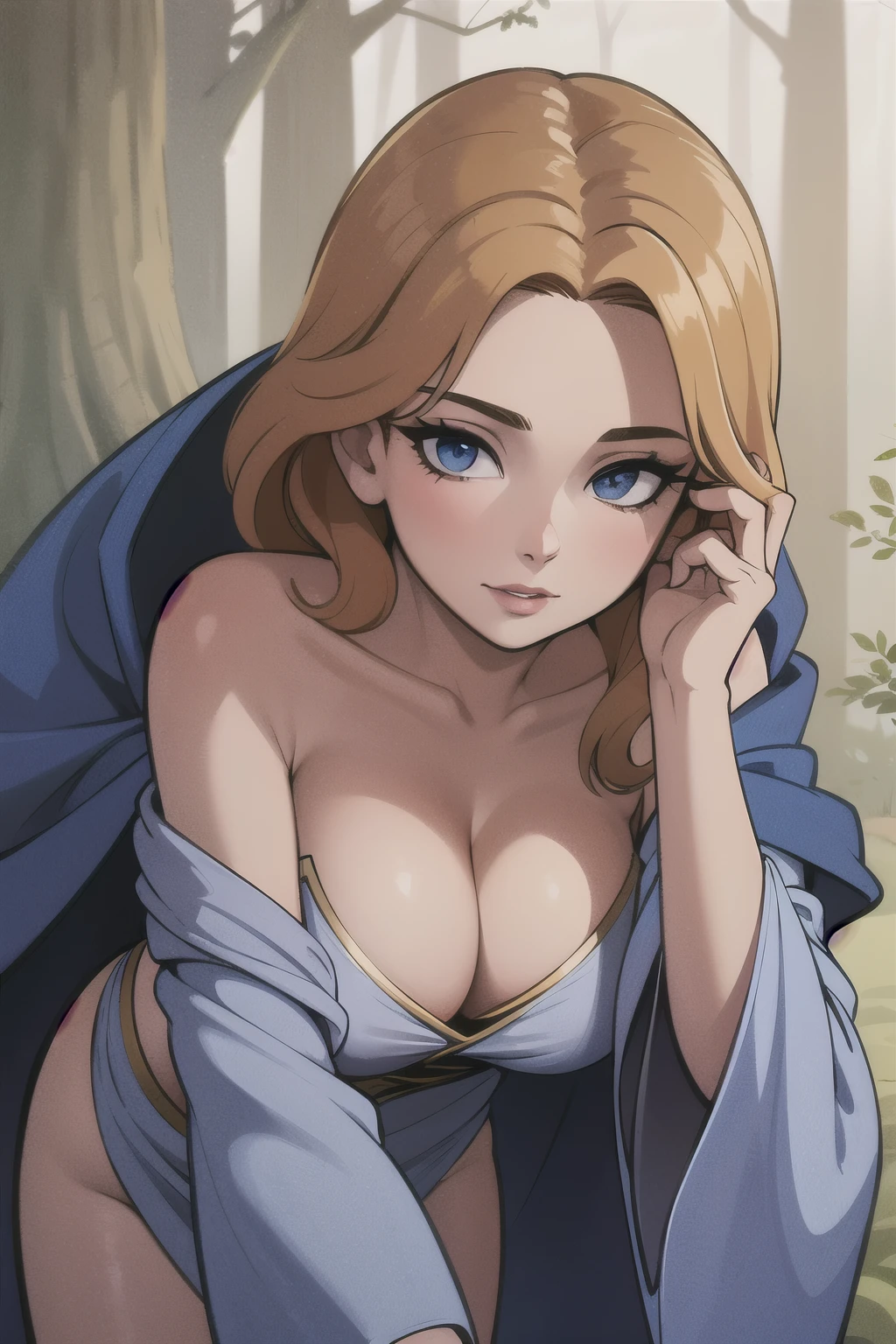 ((Best quality)), ((Masterpiece)), (detailed), perfect face perfect figure, Middle Ages, forest background, Sorceress Woman, woman in a robe, Golden hair, Blue eyes, tight blue robe