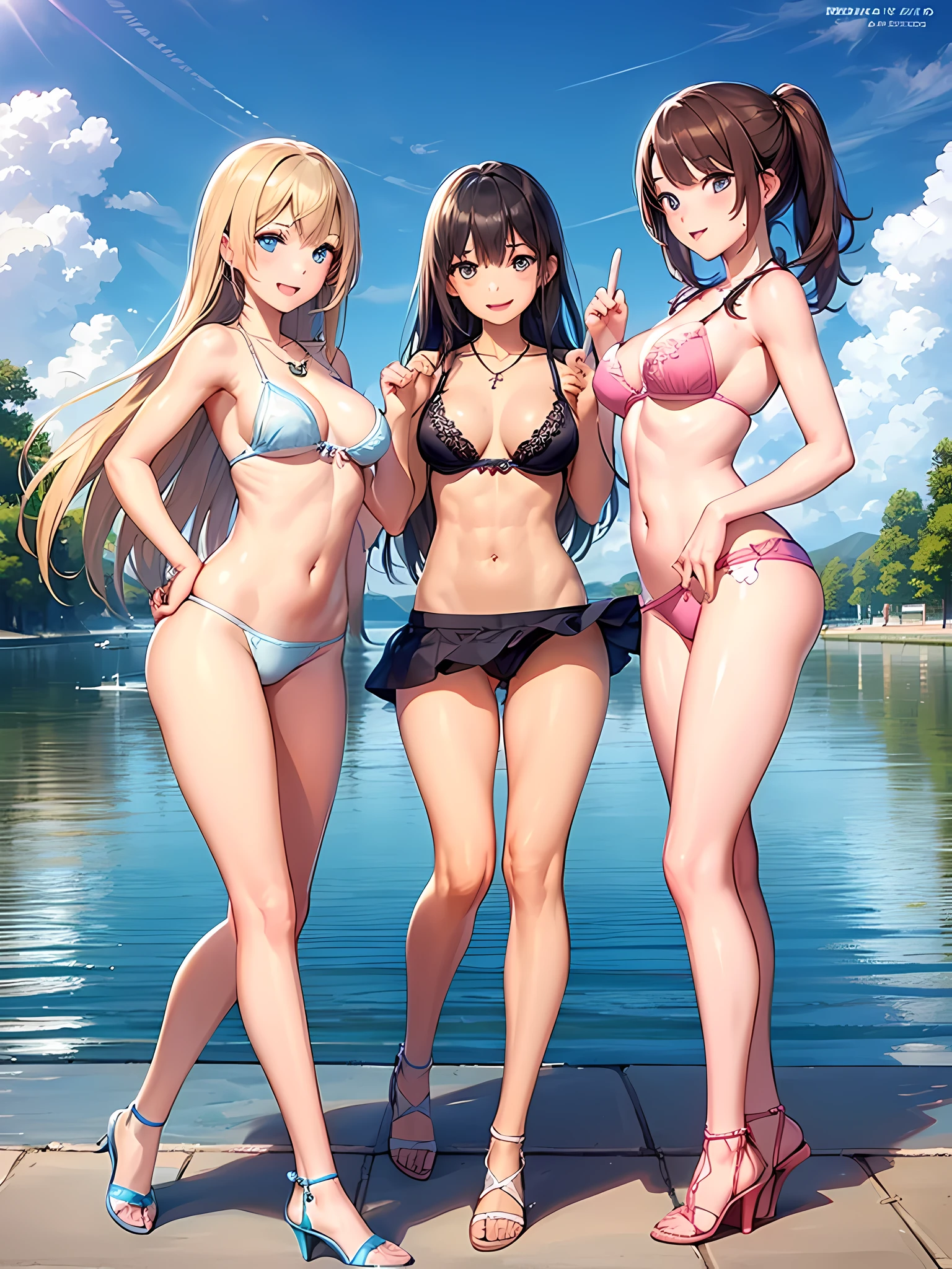 ((highest quality)), ((masterpiece)),(Noble), (elegant), (cute), (3 girls:1.8), three girls are posing for a camera outdoors in the water, (自分のshirtをめくる:1.3), (very small bikini top),(Don't draw people in the background:1.3),(The wind blows up my skirt),(stand in line), (Close-up shot from the knee:1.3), perfect face, smile, (open your mouth and smile:1.3), embarrassed look, (precise fingers:1.3), ray tracing, bubble butt, round little butt, bend over, hair band, head band, hair bobble, blouse, shirt, (pastel colored bra top), high resolution eyes, accurate eyes, (high resolution eyes:1.8), (High definition finger 1.8), light smile, small chest, chest, realistic, Asian, Westerners, silver hair, brown hair, blonde, belly button, jewelry, looking at the viewer, necklace, water, , Wet, long hair, short hair, (abs),