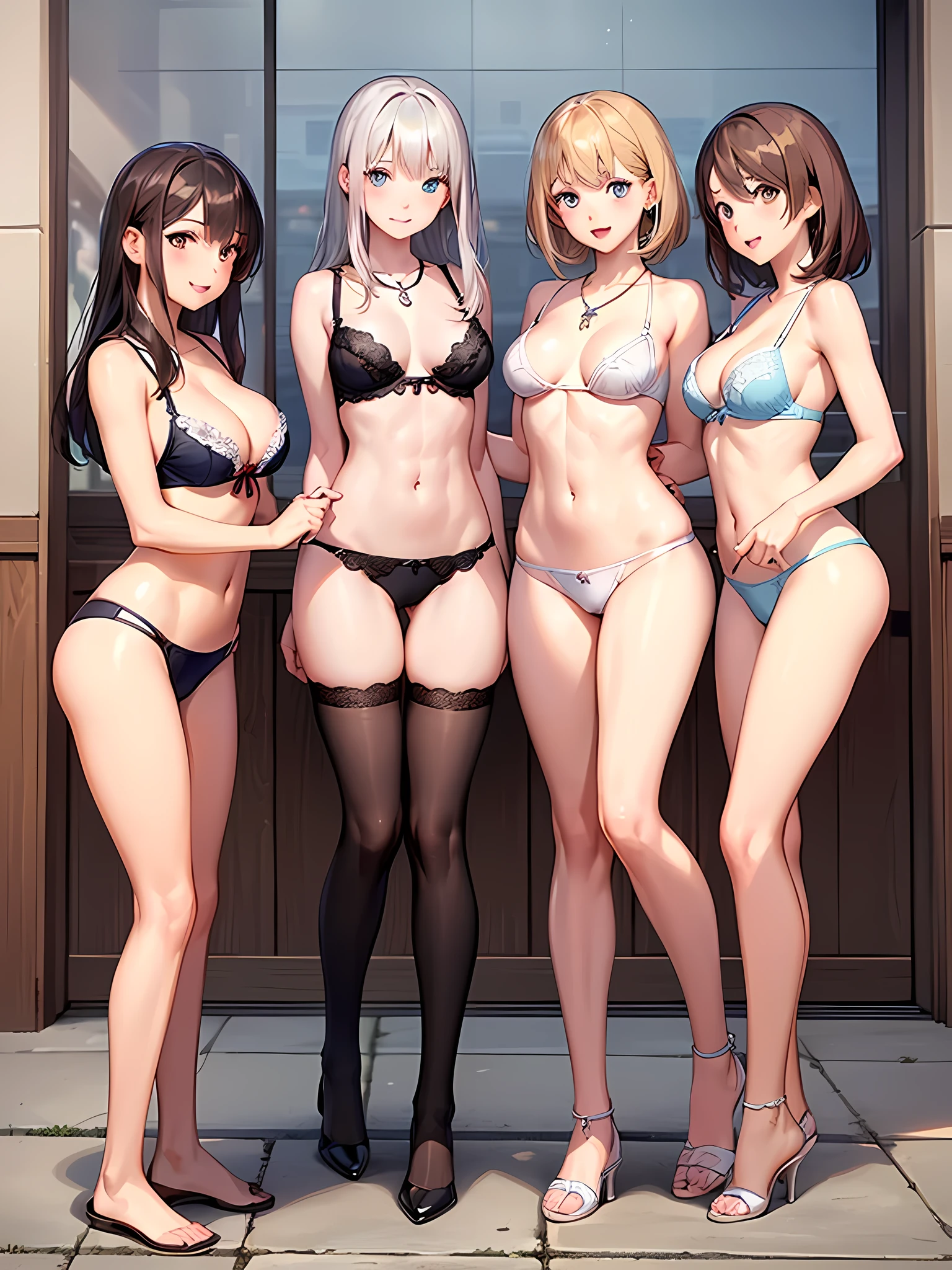 ((highest quality)), ((masterpiece)),(Noble), (elegant), (cute), (3 girls:1.8), three girls are posing for a camera outdoors in the water, (自分のshirtをめくる:1.3), (very small bikini top),(Don't draw people in the background:1.3),(The wind blows up my skirt),(stand in line), (Close-up shot from the knee:1.3), perfect face, smile, (open your mouth and smile:1.3), embarrassed look, (precise fingers:1.3), ray tracing, bubble butt, round little butt, bend over, hair band, head band, hair bobble, blouse, shirt, (pastel colored bra top), high resolution eyes, accurate eyes, (high resolution eyes:1.8), (High definition finger 1.8), light smile, small chest, chest, realistic, Asian, Westerners, silver hair, brown hair, blonde, belly button, jewelry, looking at the viewer, necklace, water, , Wet, long hair, short hair, (abs),