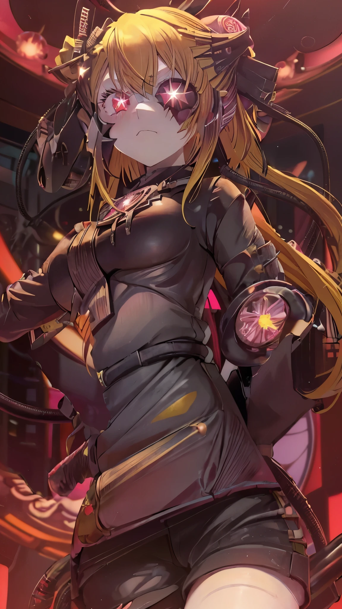 ruby hoshino, (yellow hair:1.5), long hair, one side up, (pink eyes:1.5), sidelocks, (star-shaped pupils:1.5), (symbol-shaped pupils:1.5), (mismatched pupils:1.5), borg cyborg bald gray skin veins metal armor cable eyepatch deadpan expression