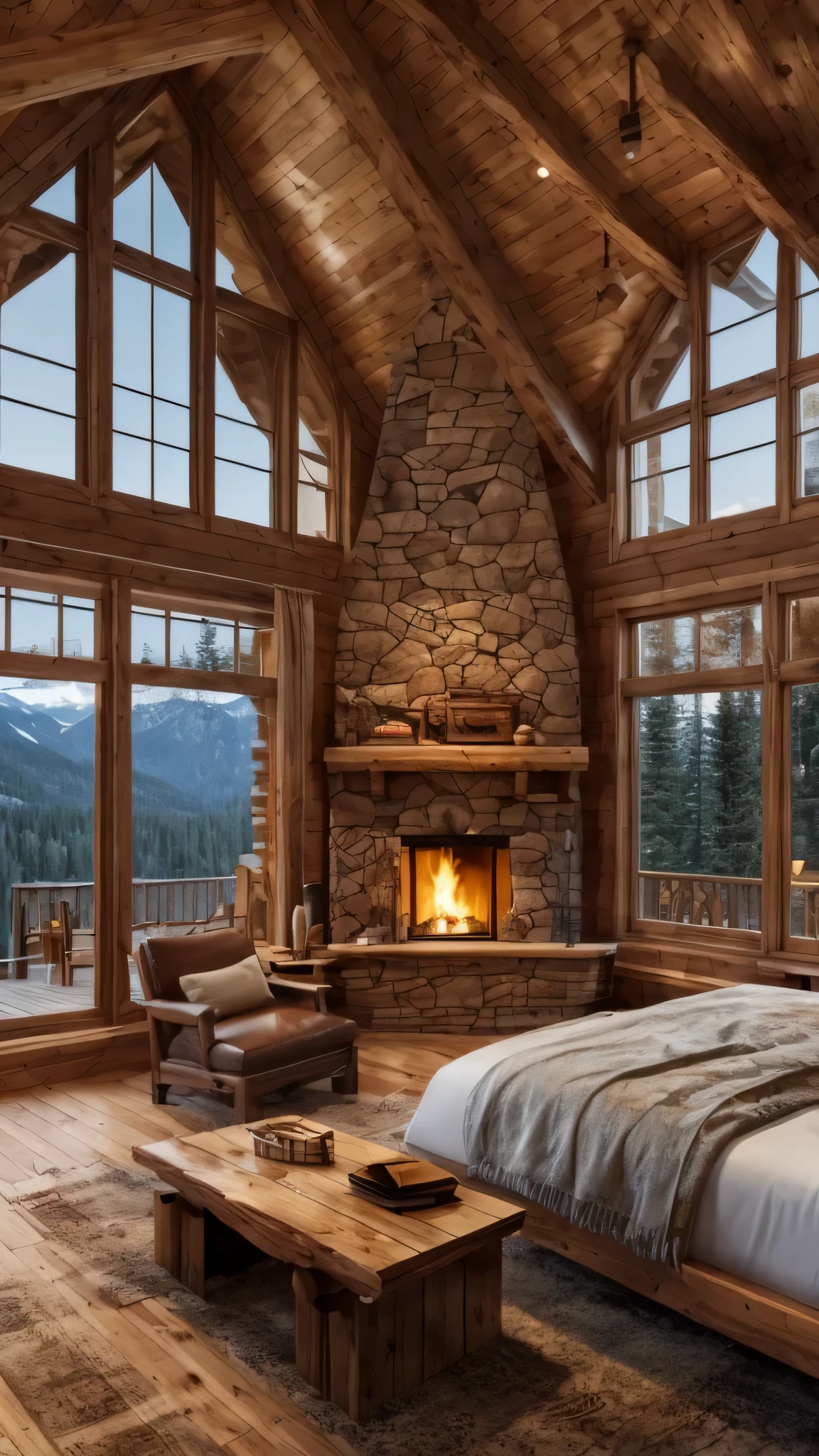 cabin room with a lot of windows and fireplace

