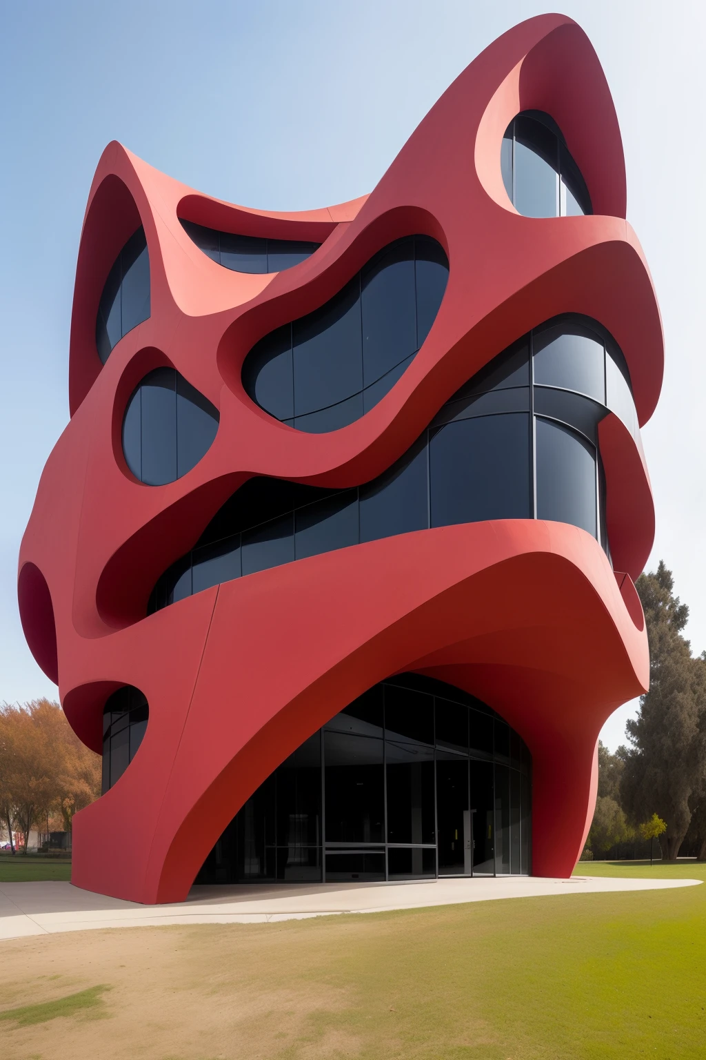 parametric architecture of red and black building in the rough shape of a woman, hdr, photorealistic, raw, detailed, intricate detail