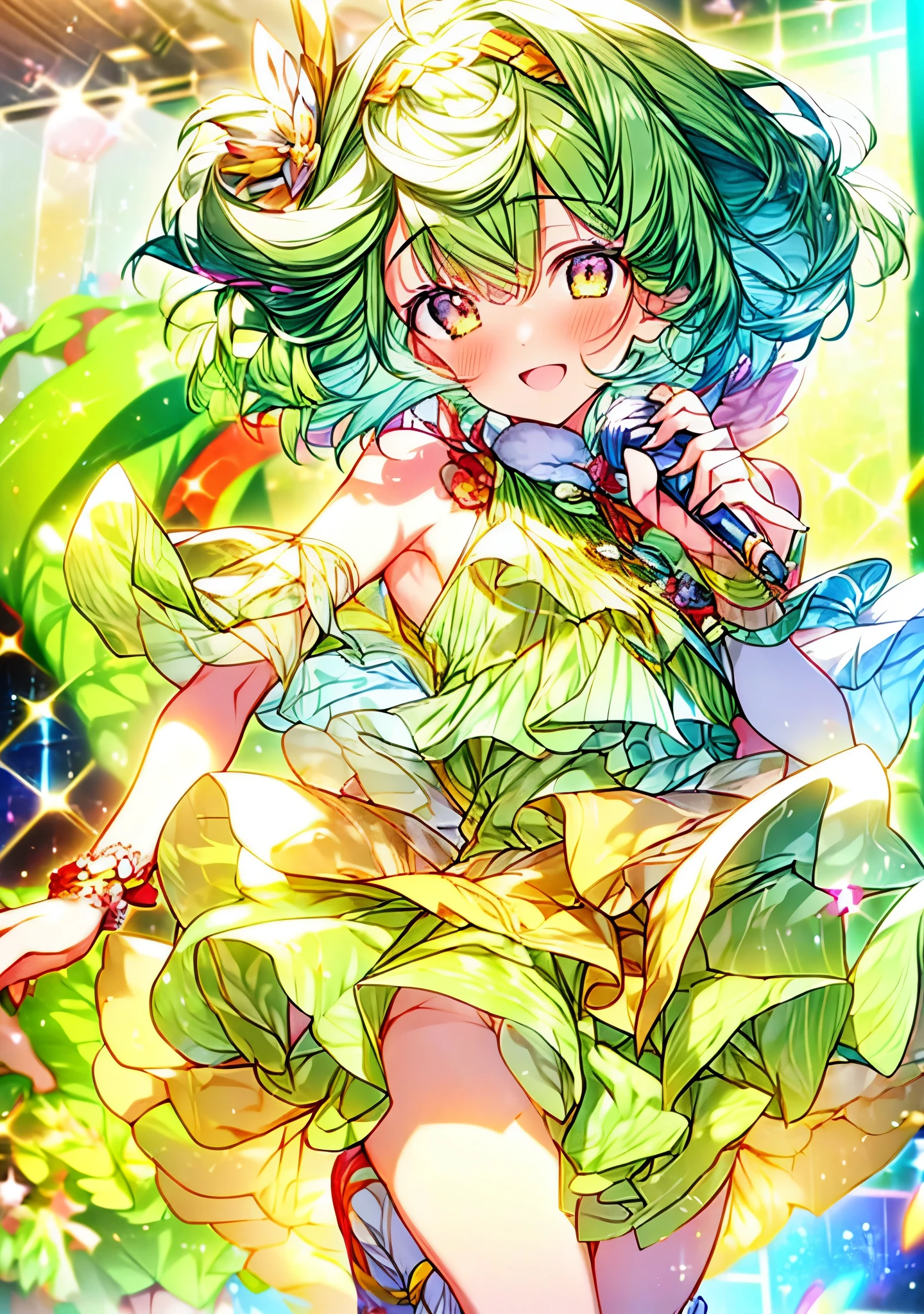 (anime:1.1), highest quality, table top,
1 girl, handley,Macross Frontier　handley, green hair, short hair、bob hair,small breasts, red eyes, mature woman,  looking at the viewer, smile，stage performance, hot air，Idol style green kimono,white knee high socks，jumping,，アイドルsinger standing in the center of the stage，アイドルsinger holding a microphone and singing， アイドルsinger&#39;serious and powerful expression. singer&#39;&#39;&#39;voice is powerful and beautiful，fans gather around the stage， ファンはアイドルsingerと一緒に歌ったり踊ったりしています,(masterpiece:1.2), highest quality, High resolution, unity 8k wallpaper, (shape:0.8), (beautiful and detailed eyes:1.6), highly detailed face, perfect lighting, Very detailed CG, (perfect hands, perfect anatomy),