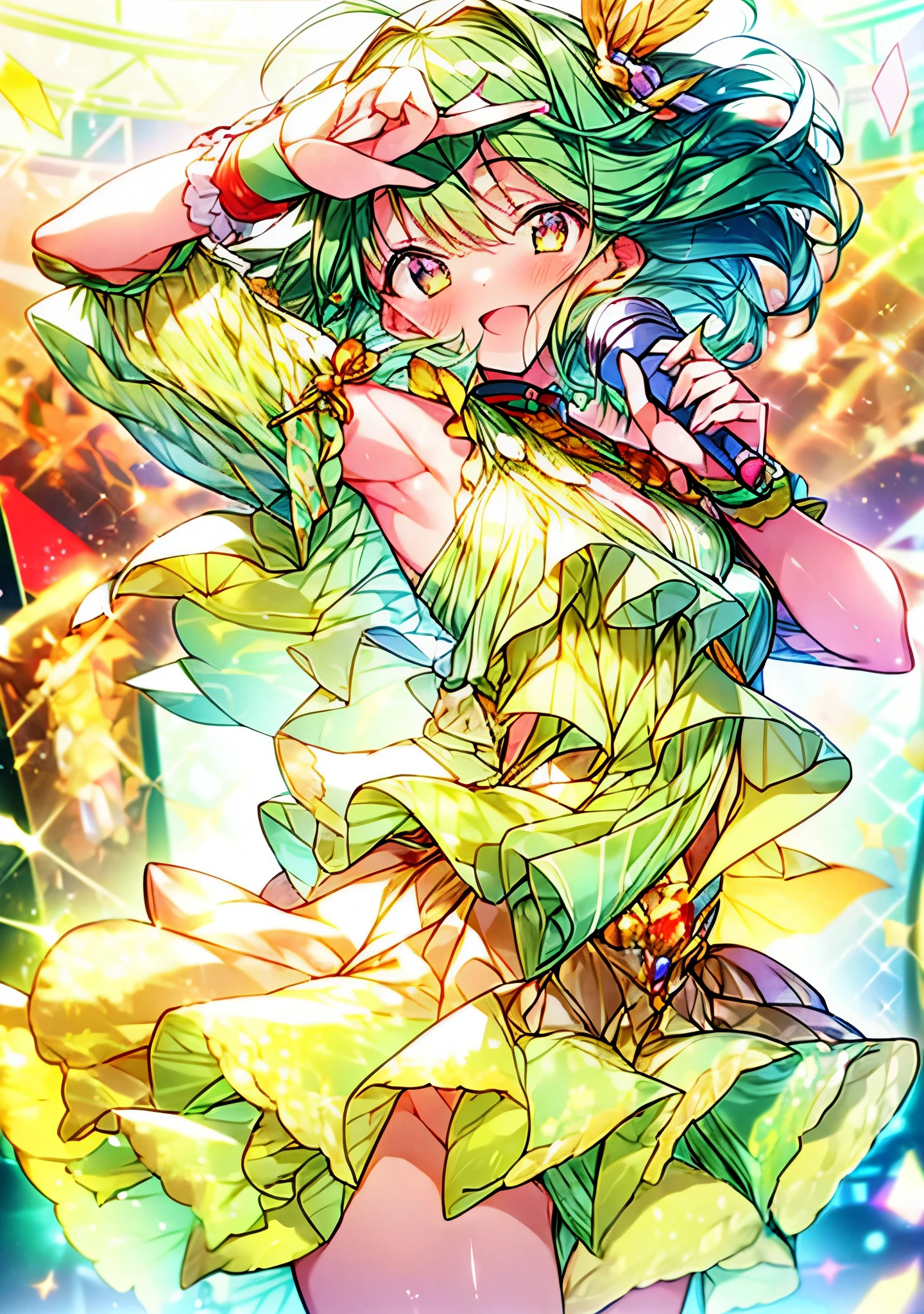 (anime:1.1), highest quality, table top,
1 girl, handle,Macross Frontier　handle, green hair, short hair、bob hair,small breasts, red eyes, mature woman,  looking at the viewer, smile，stage performance, hot air，Idol style green kimono,white knee high socks，jumping,，アイドルsinger standing in the center of the stage，アイドルsinger holding a microphone and singing， アイドルsinger&#39;serious and powerful expression. singer&#39;&#39;&#39;voice is powerful and beautiful，fans gather around the stage， ファンはアイドルsingerと一緒に歌ったり踊ったりしています,(masterpiece:1.2), highest quality, High resolution, unity 8k wallpaper, (shape:0.8), (beautiful and detailed eyes:1.6), highly detailed face, perfect lighting, Very detailed CG, (perfect hands, perfect anatomy),