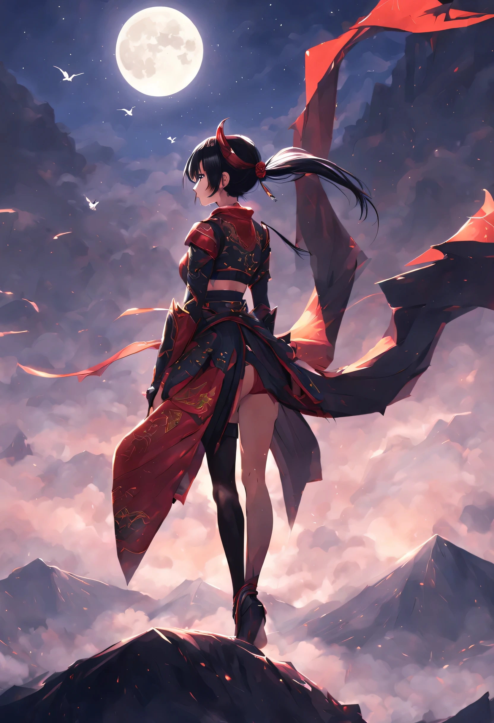 xxmixgirl, a japanese sexy woman looking at moon, high mountain, night, fog, ninja armor, far view from behind, long legs, long ponytail, many dragons fly on the sky, anime