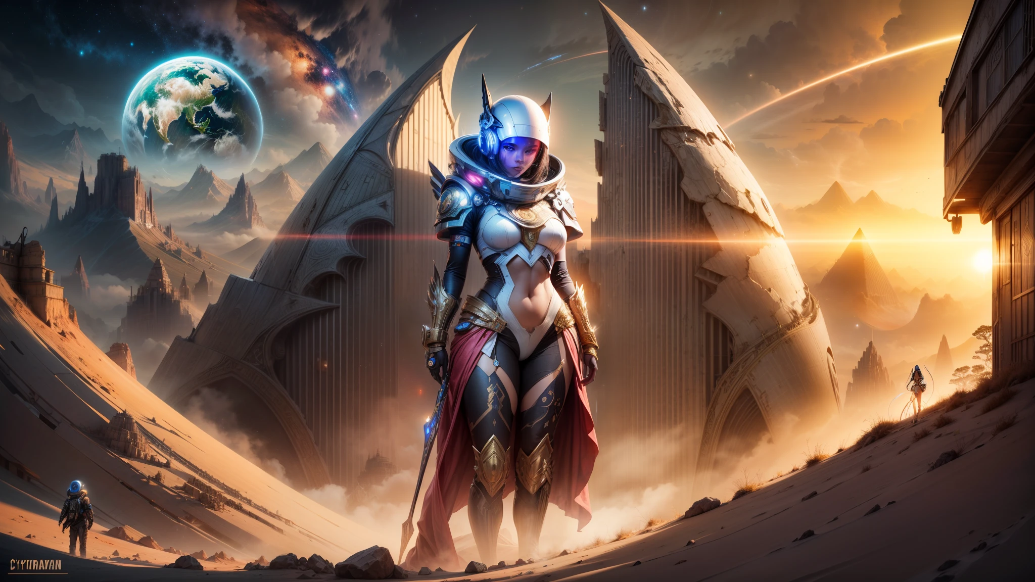 "((Cyberstyle girl)) with an Egyptian twist, standing amidst a mesmerizing space landscape with fantastic planets, the golden hour enhancing the ((science fiction ambiance)), ((futuristic masterpiece)), detailed composition, (best quality)
