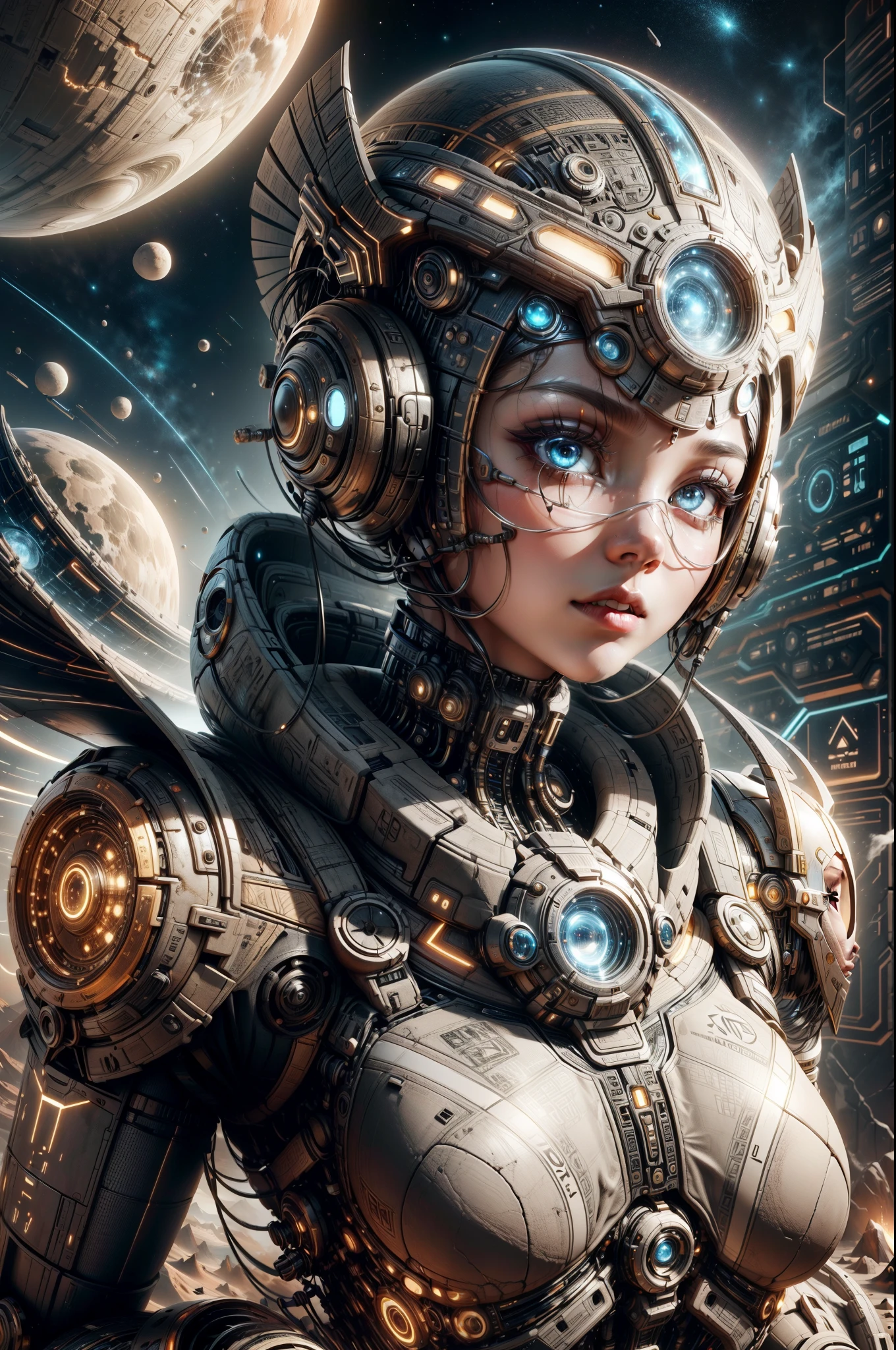 "((Techno-chic girl)) in Egypt Cyberstyle attire, surrounded by a surreal space landscape with fantastic planets, bathed in the cosmic glow of the golden hour, ((cybernetic elements)), ((rule of thirds)), ((futuristic masterpiece)), detailed, (best quality)