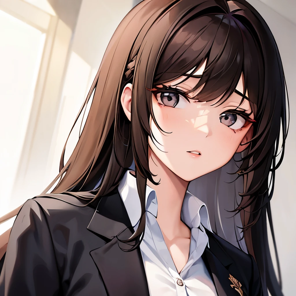 Girl, long brown hair, gray eyes, sharp features, white skin, young woman, school uniform