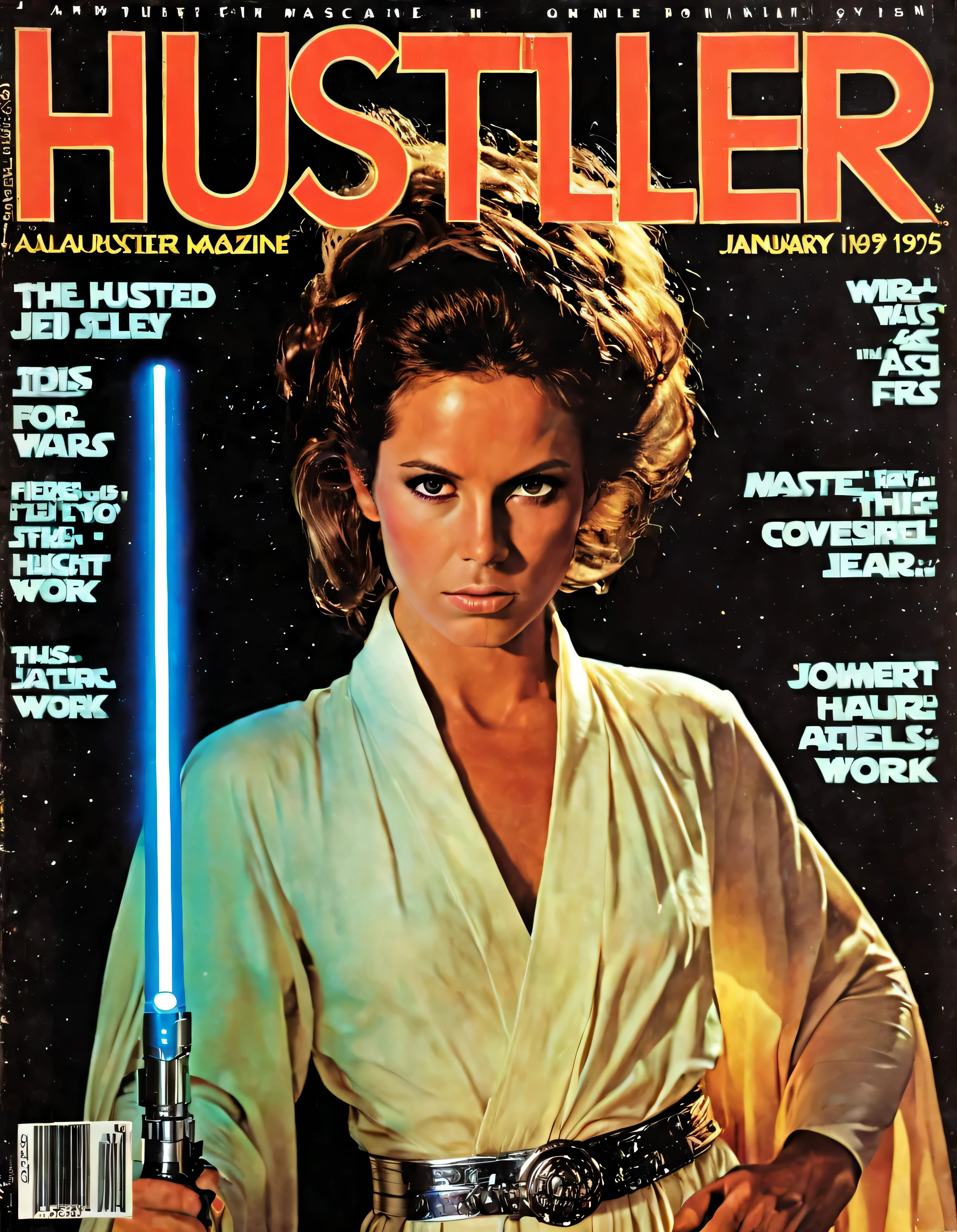 Seductive, empowered portraits glowing with diversity and allure - this hustler magazine cover,1girl as (jedi-master:1.15),sexy pose, january 1975 ,upper body, masterpiece, (portrait:1.1),70s, natural face, star wars style, lightsaber, black, mask,, reclaims eroticism as a prismatic work of art. high saturation
