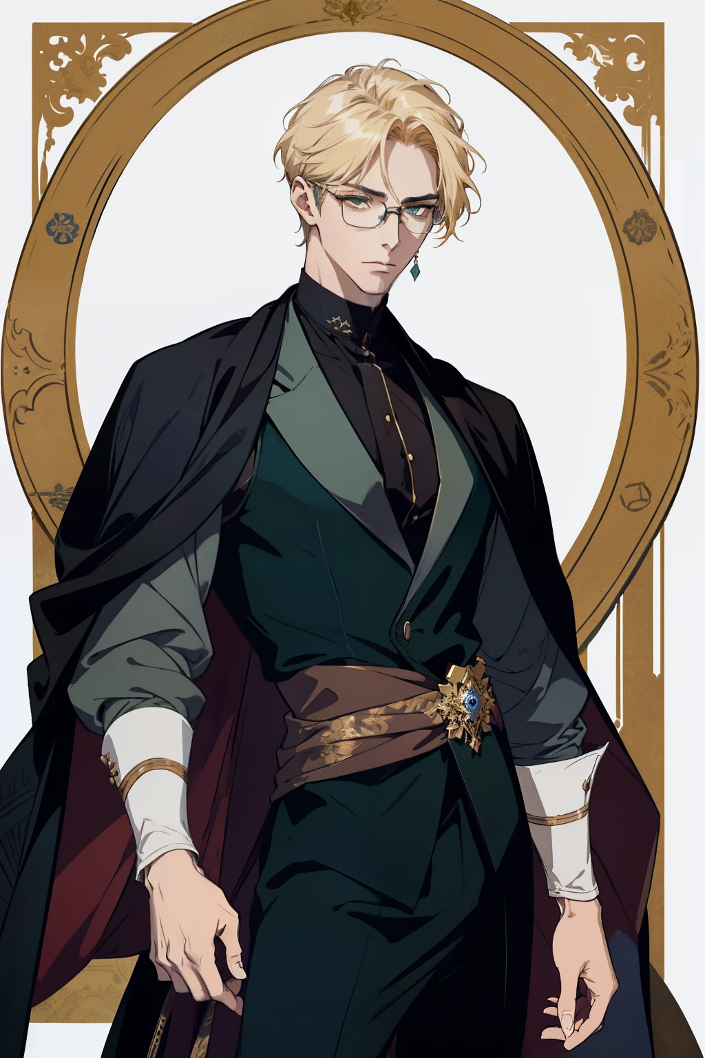 detailed 25 year old male face, handsome，tall and muscular boy, wearing fantasy formal clothing, beautiful androgynous prince, ((wearing aristocrat robe)), delicate androgynous prince, regal dark blue clothes, delicate androgynous prince, beautiful androgynous prince, handsome guy in demon slayer art, professional character design, high quality character, male character design, wearing a black noble suit, anime character design, blonde hair, short hair, green eyes, glasses